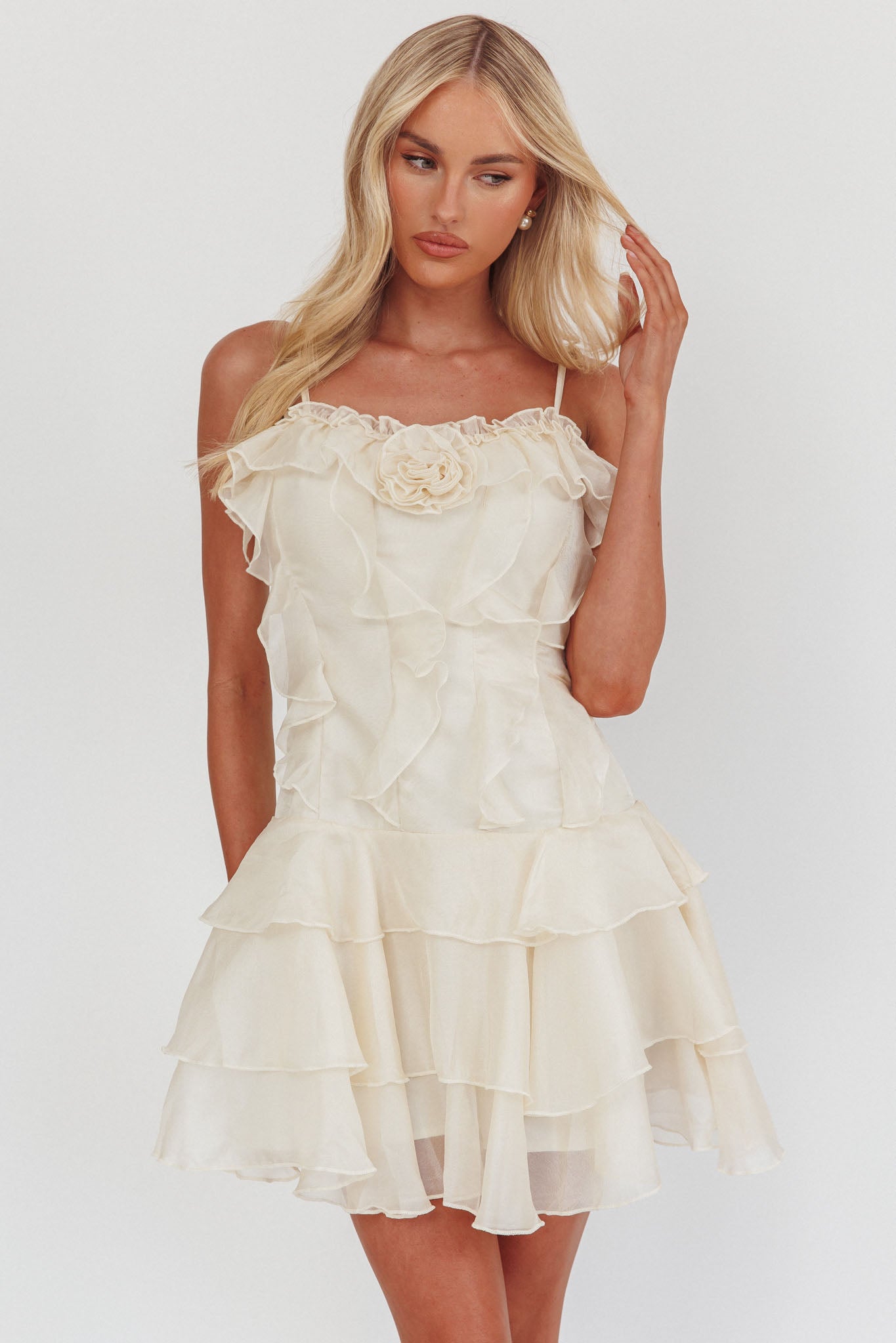 Sweetest Things Frill Trim Rosette Mini Dress Cream-Maymioy
