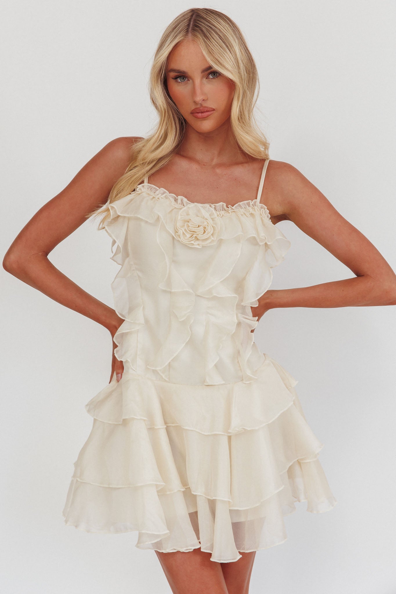 Sweetest Things Frill Trim Rosette Mini Dress Cream-Maymioy