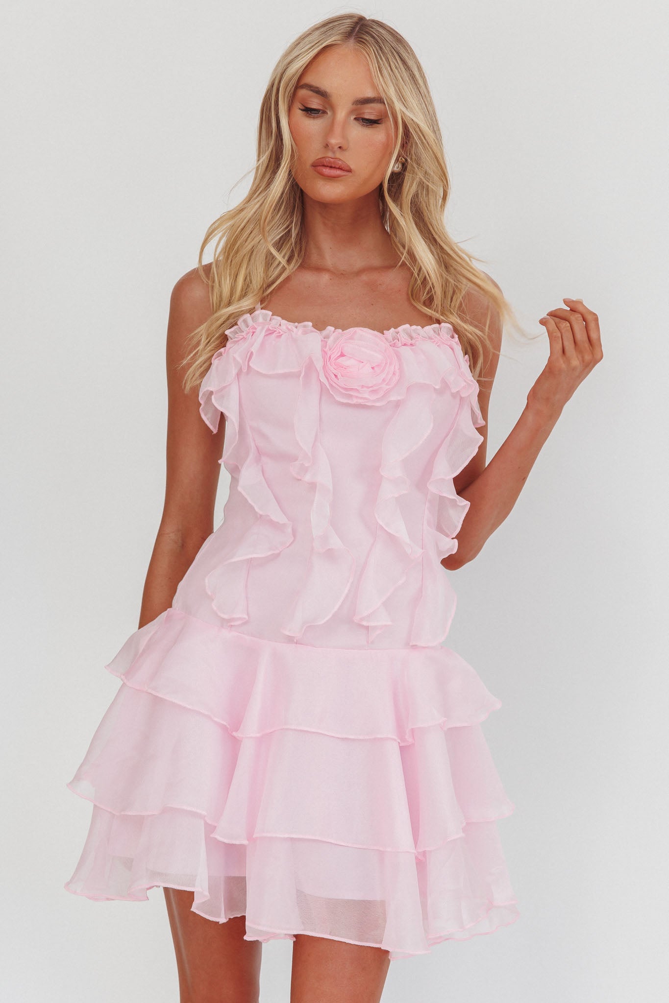 Sweetest Things Frill Trim Rosette Mini Dress Pink-Maymioy