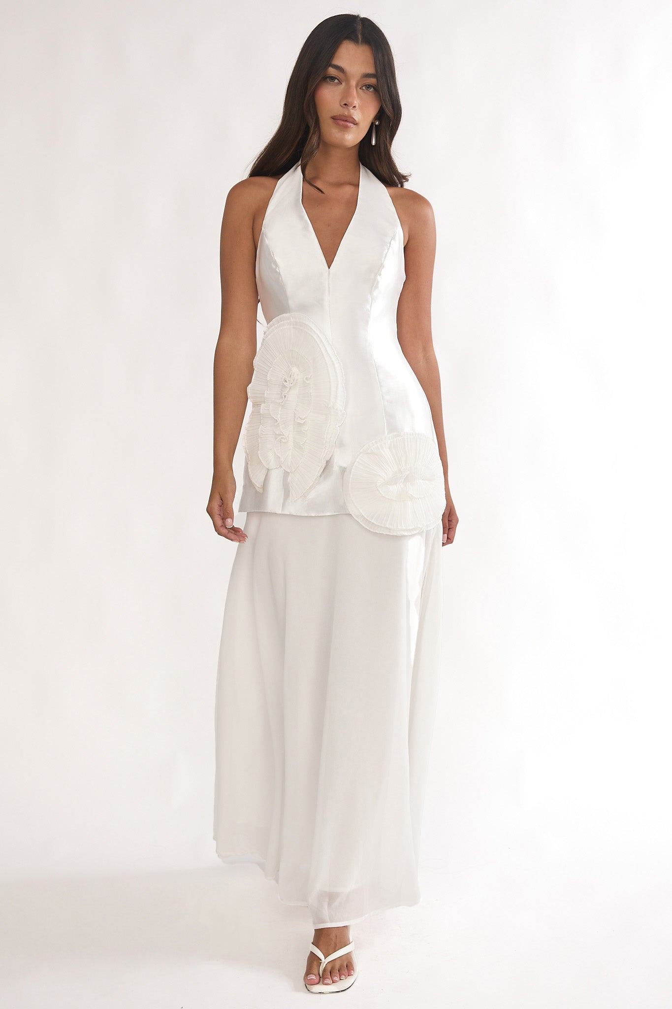 Elyria 3D Ruffle Halter Maxi Dress White-Maymioy
