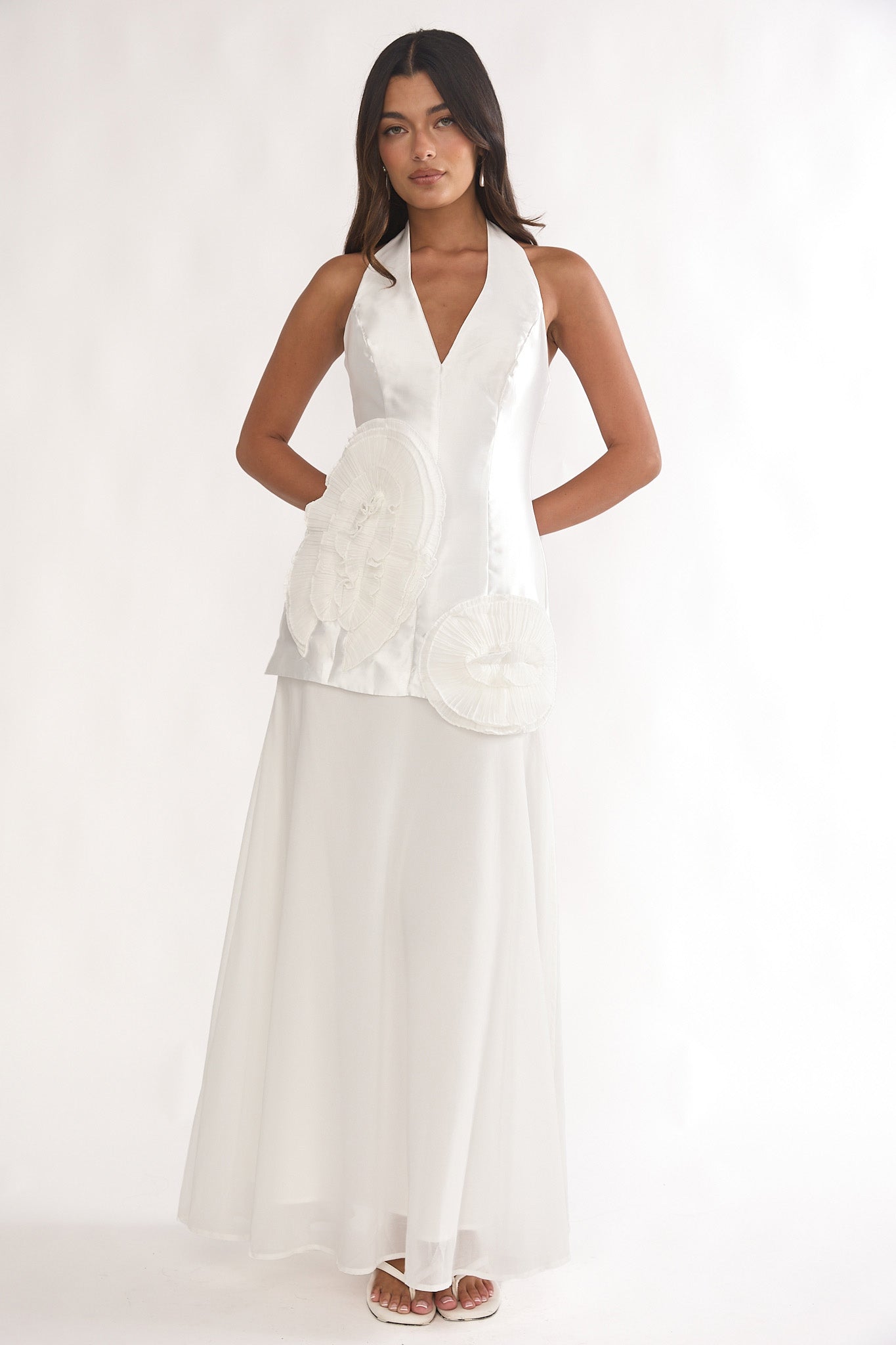 Elyria 3D Ruffle Halter Maxi Dress White-Maymioy