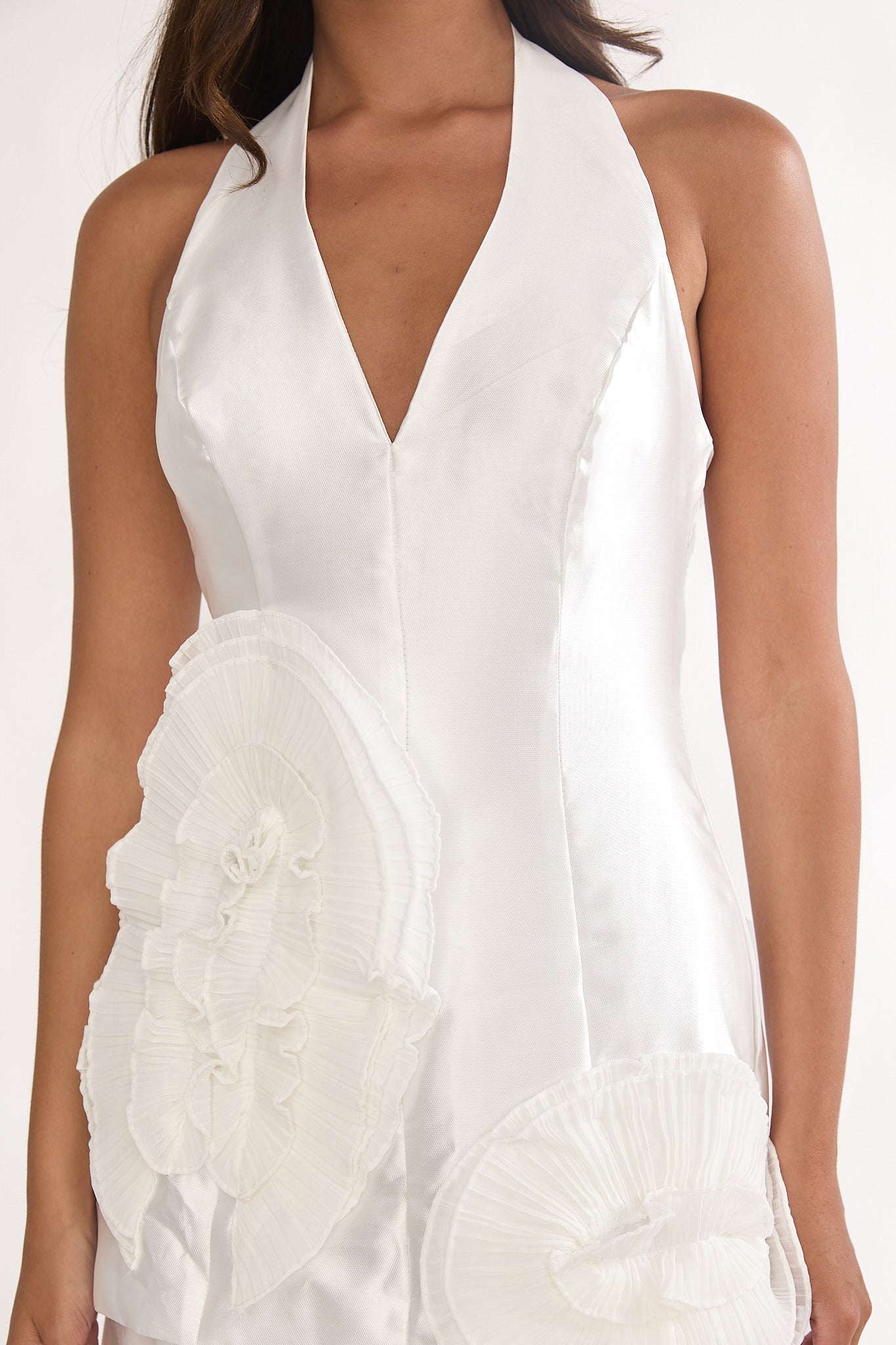 Elyria 3D Ruffle Halter Maxi Dress White-Maymioy