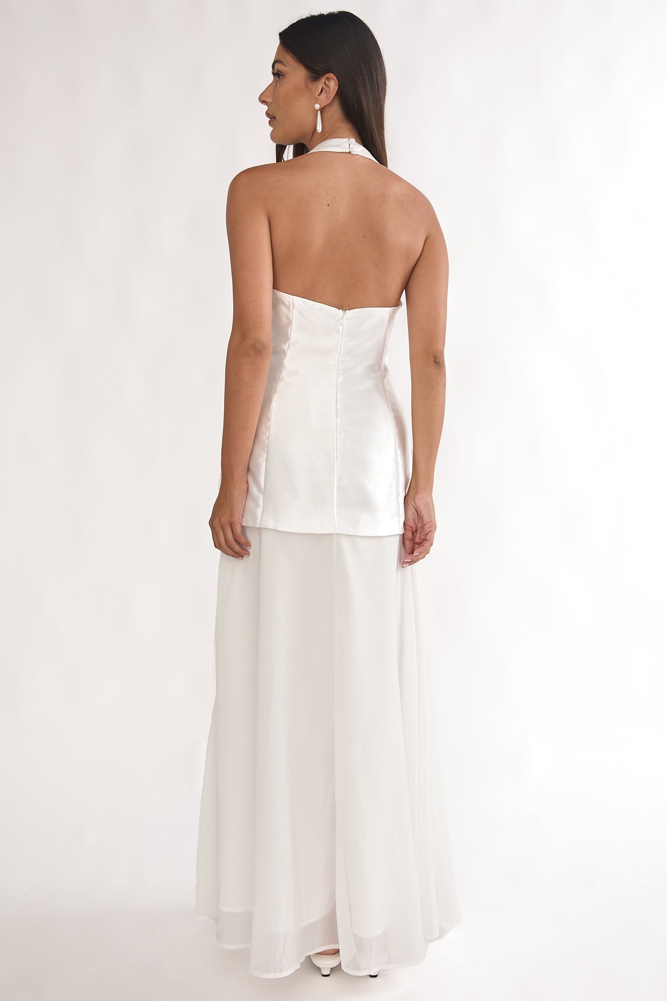 Elyria 3D Ruffle Halter Maxi Dress White-Maymioy