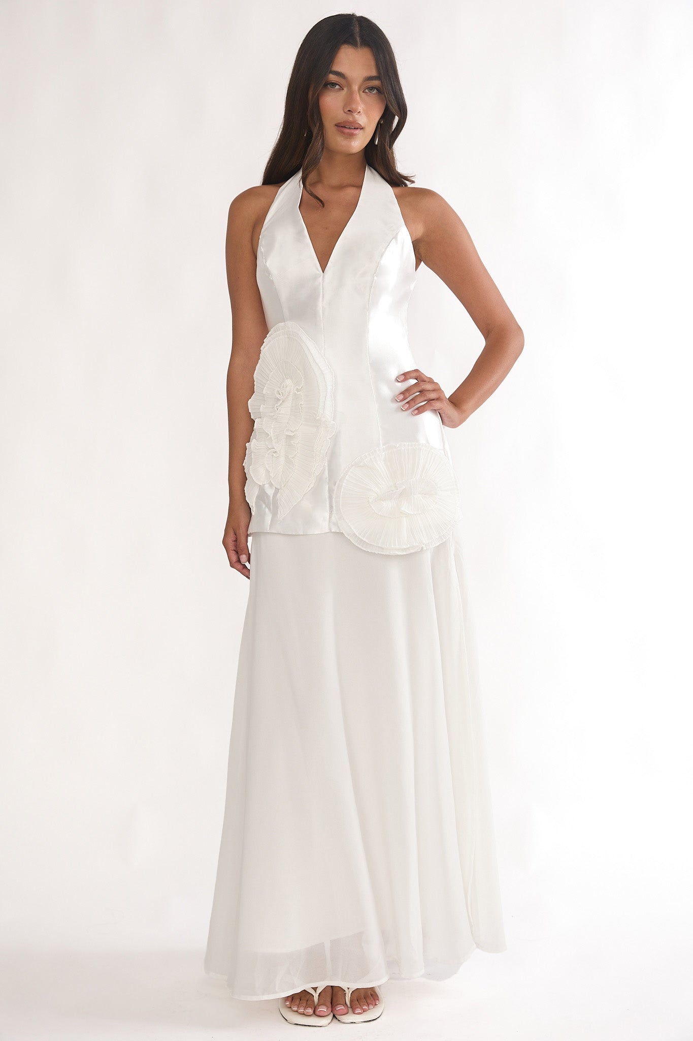 Elyria 3D Ruffle Halter Maxi Dress White-Maymioy