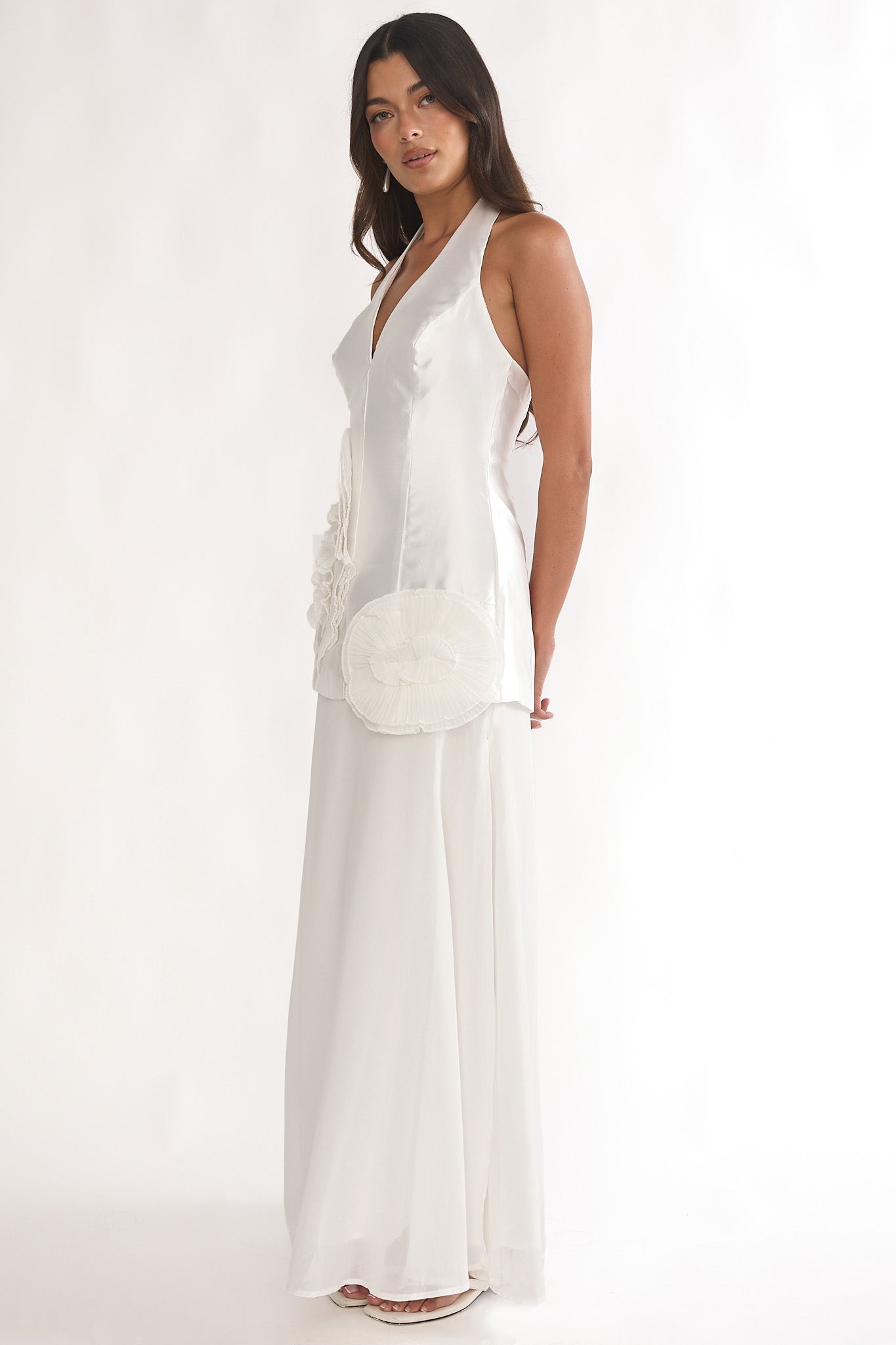 Elyria 3D Ruffle Halter Maxi Dress White-Maymioy