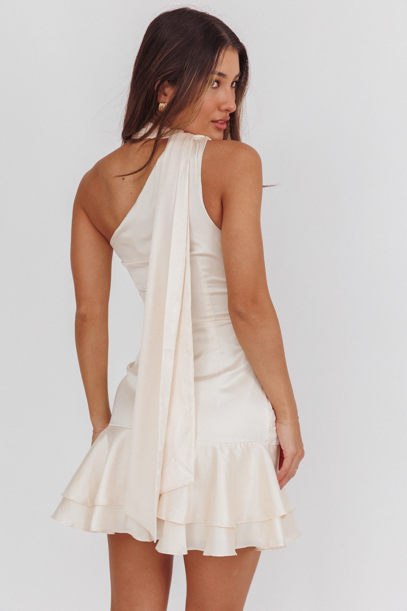 Truett One-Shoulder Shoulder Sash Mini Dress Eggshell-Maymioy