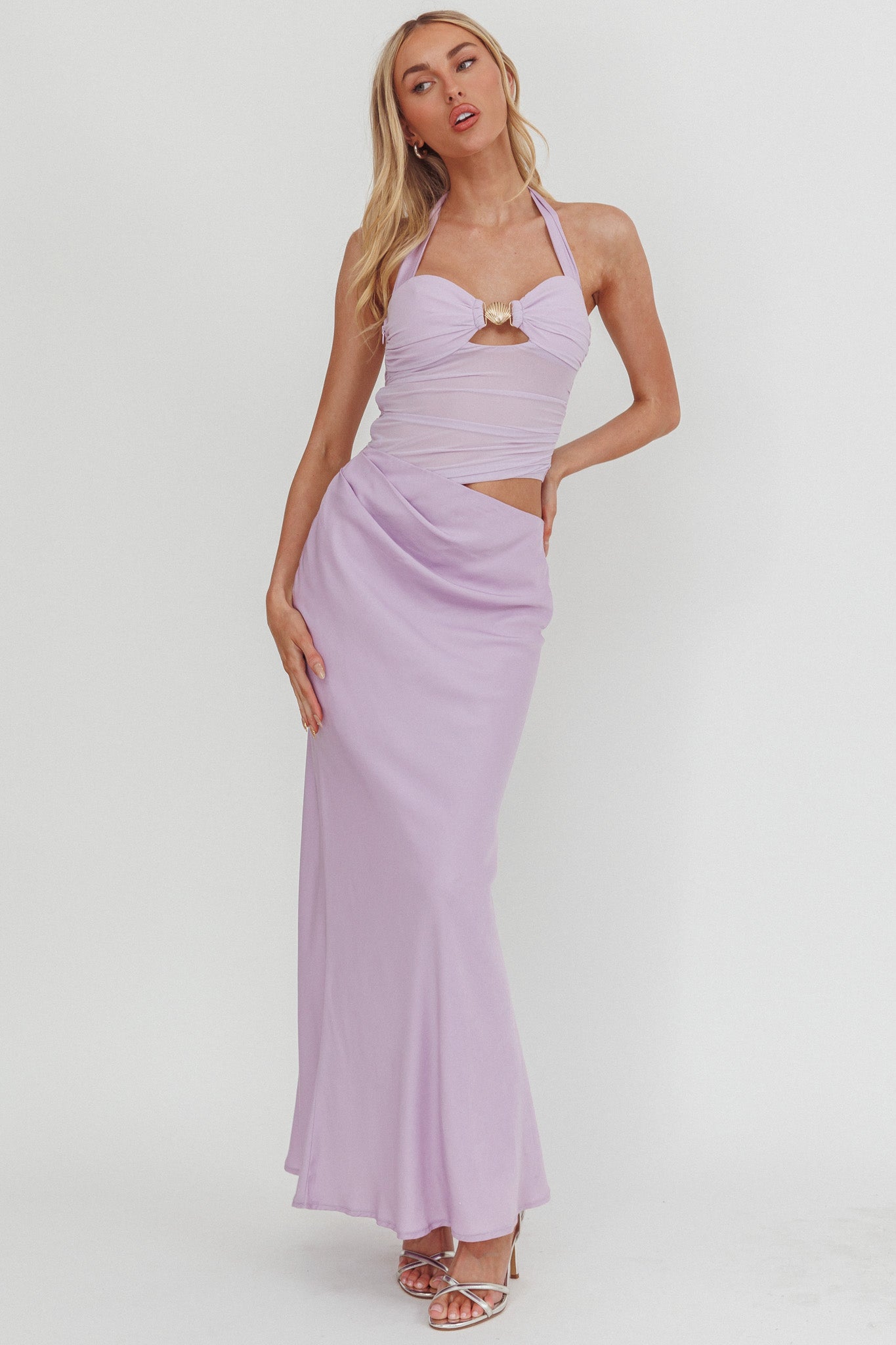 Sandy Shell Buckle Halter Maxi Dress Lilac-Maymioy