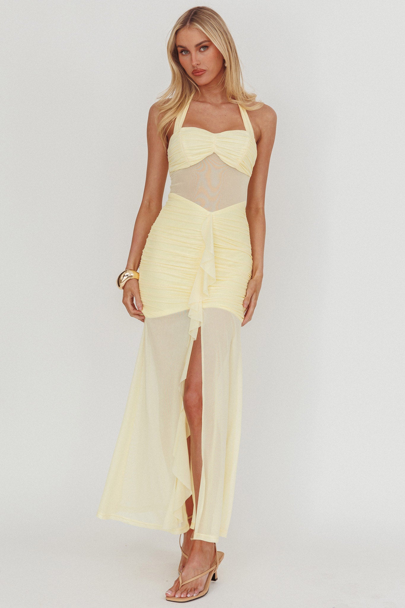 Rayah Sheer Insert Ruched Maxi Dress Yellow-Maymioy