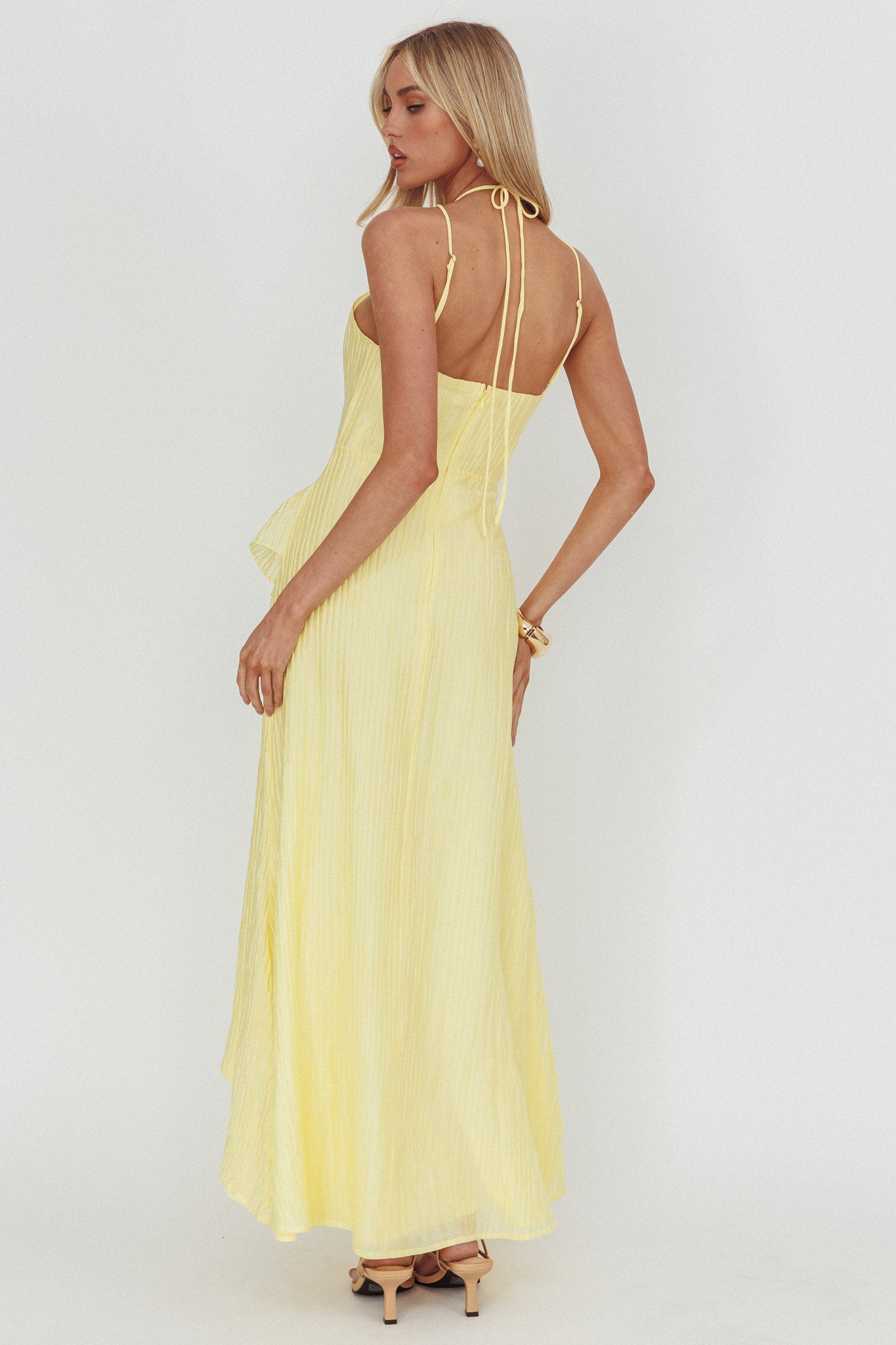 Nerisse Textured Frill Halter Maxi Dress Lemon-Maymioy