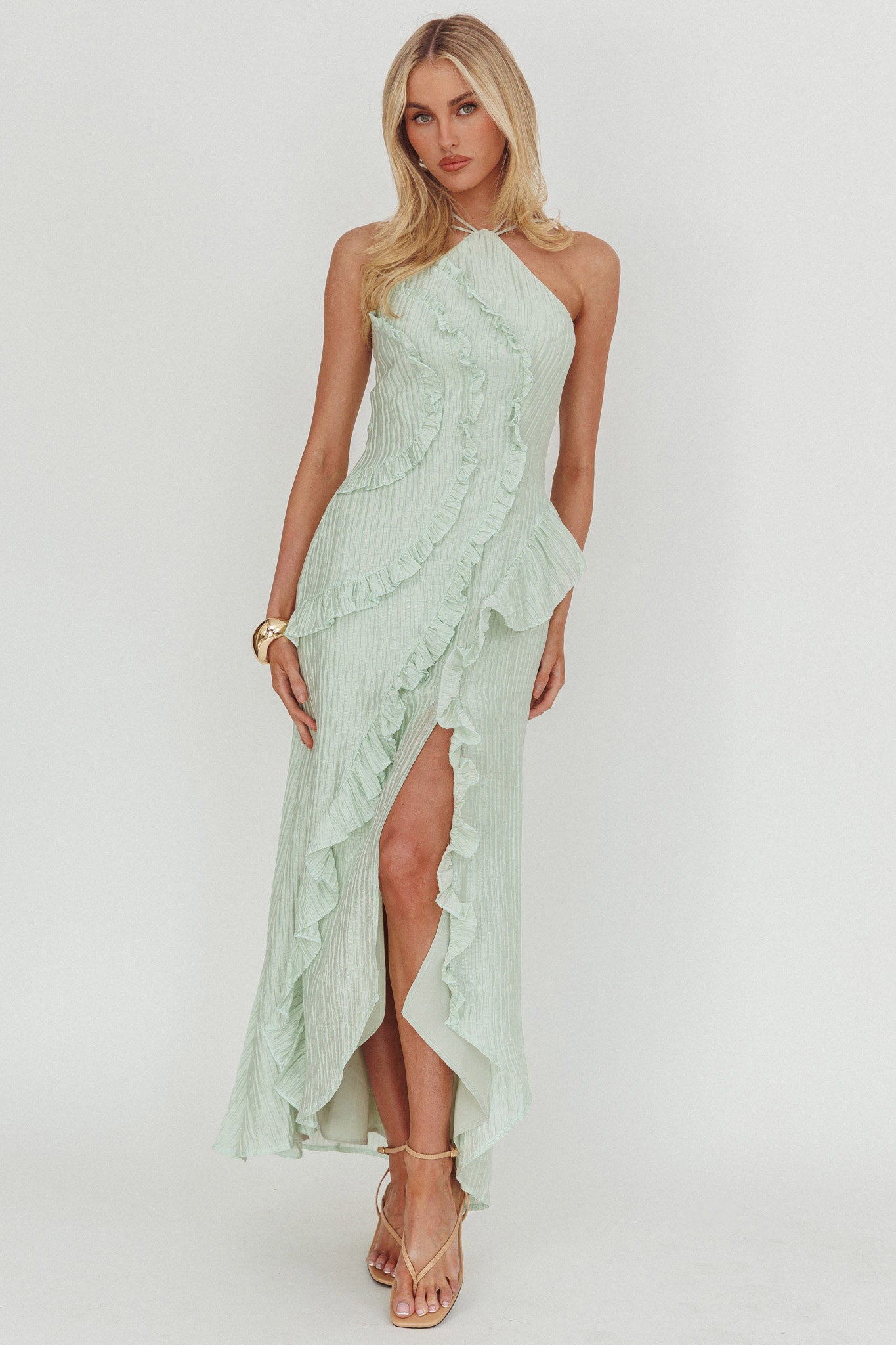 Nerisse Textured Frill Halter Maxi Dress Sage-Maymioy
