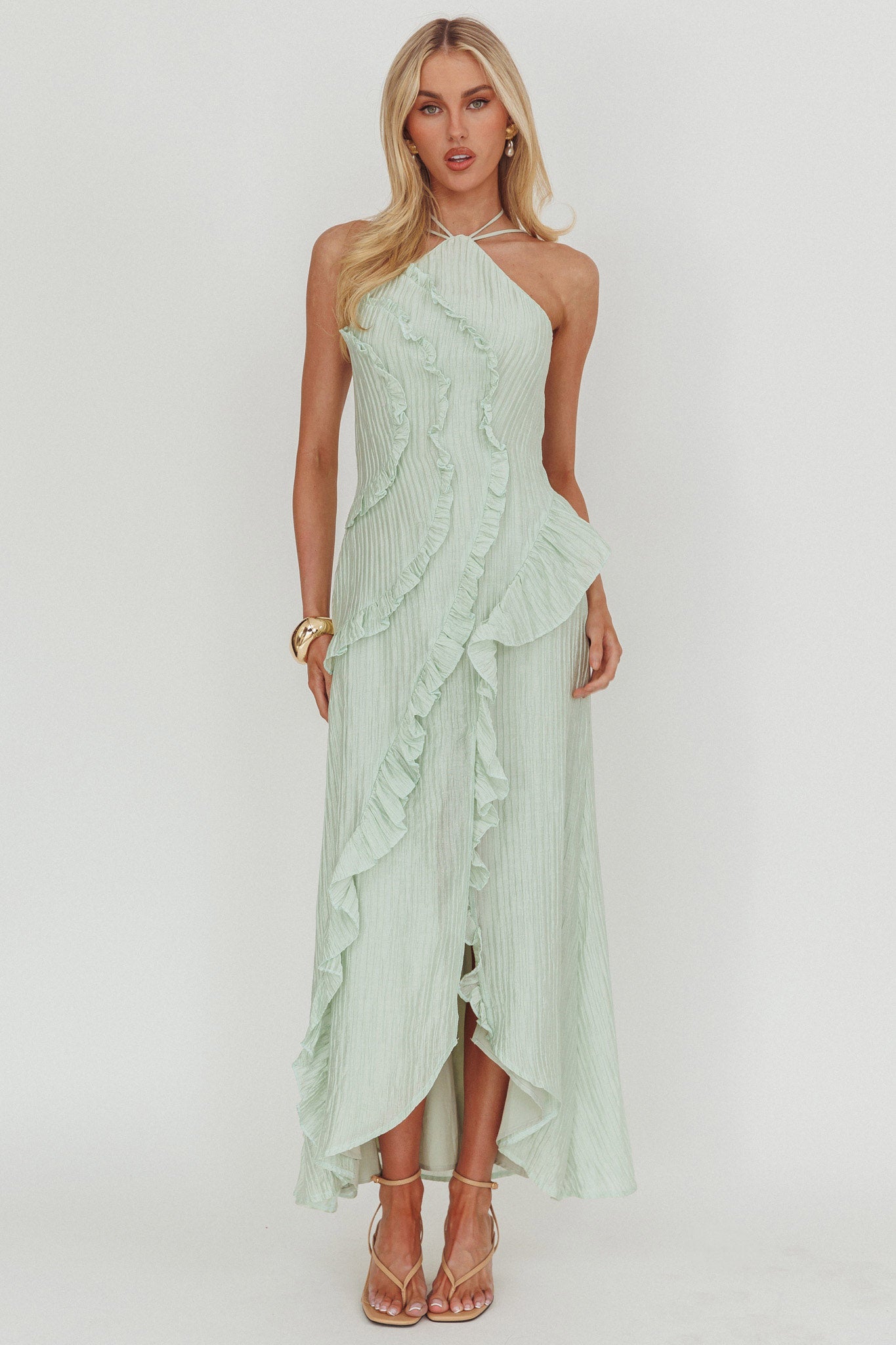 Nerisse Textured Frill Halter Maxi Dress Sage-Maymioy
