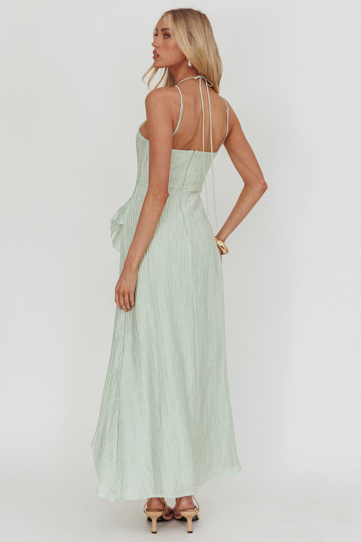 Nerisse Textured Frill Halter Maxi Dress Sage-Maymioy