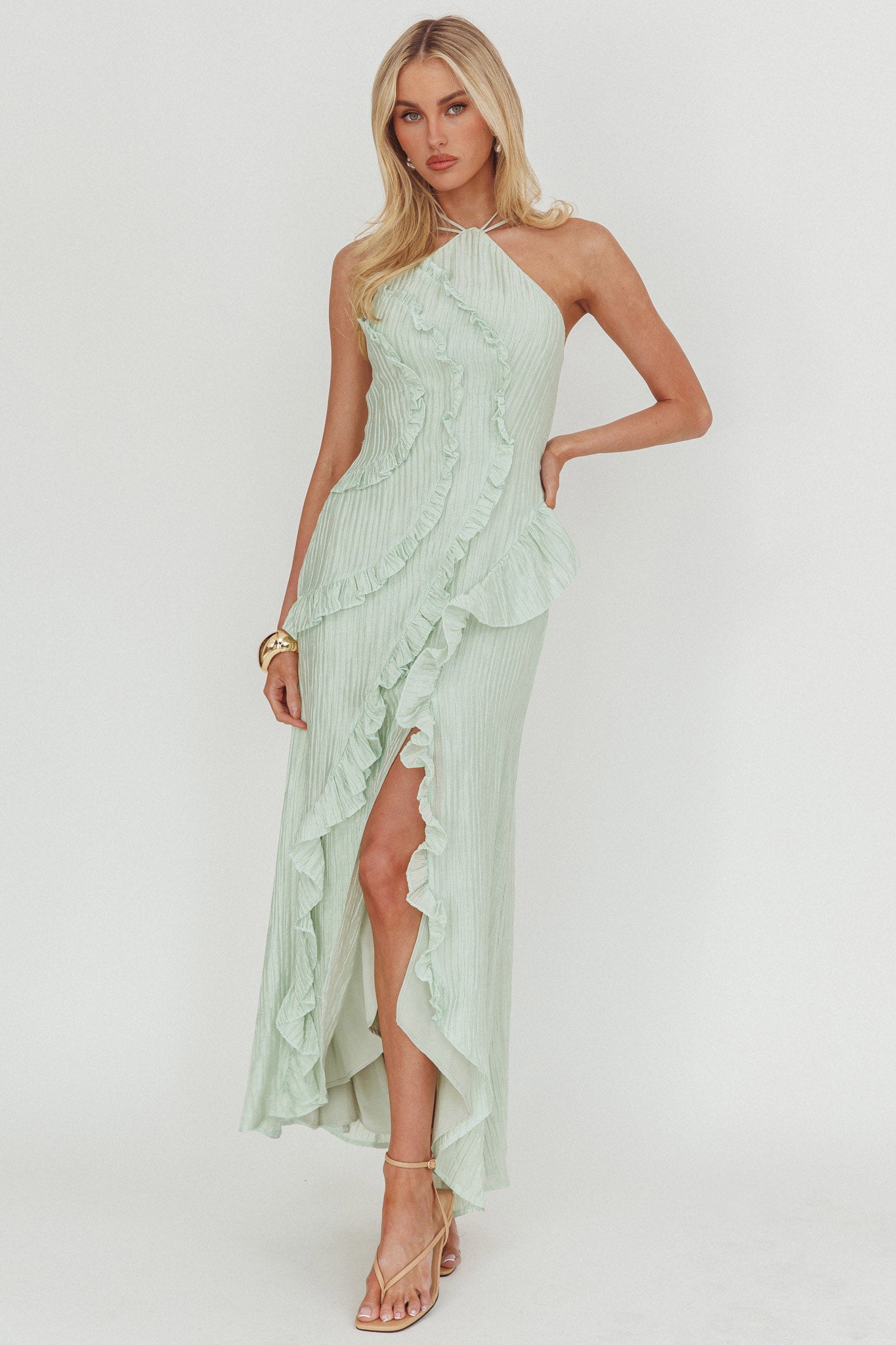 Nerisse Textured Frill Halter Maxi Dress Sage-Maymioy