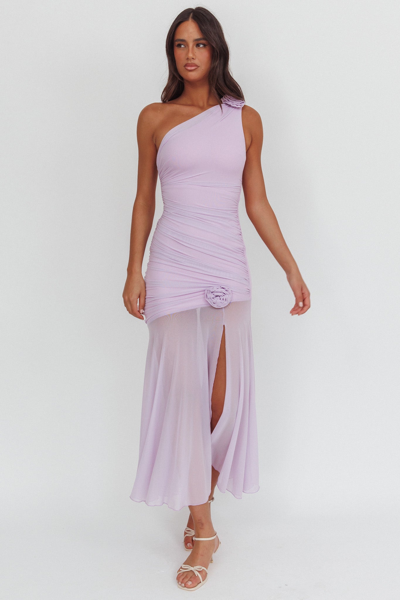 Lost Love One-Shoulder Sheer Hem Maxi Dress Lilac-Maymioy
