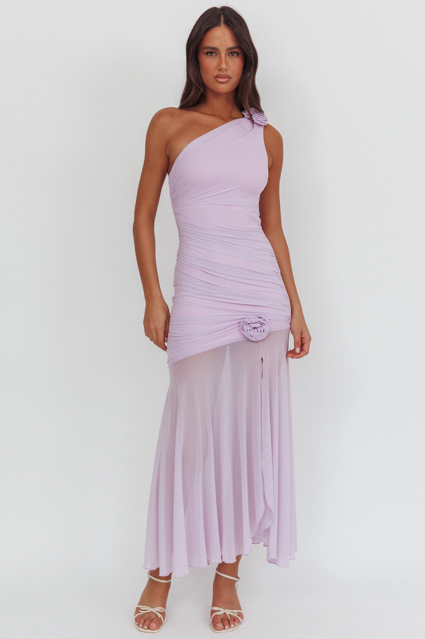 Lost Love One-Shoulder Sheer Hem Maxi Dress Lilac-Maymioy
