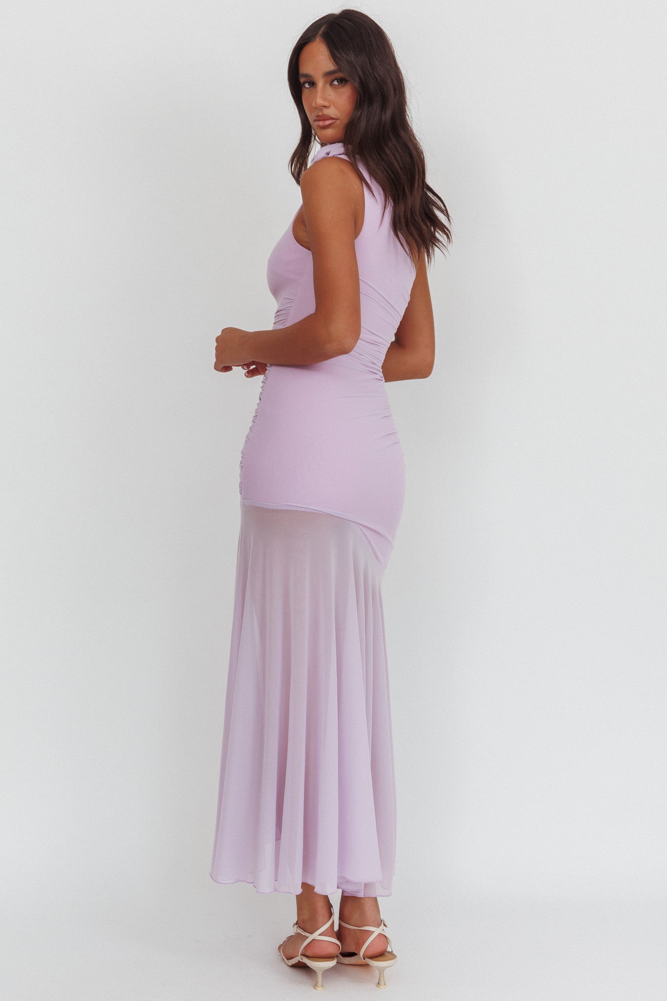 Lost Love One-Shoulder Sheer Hem Maxi Dress Lilac-Maymioy