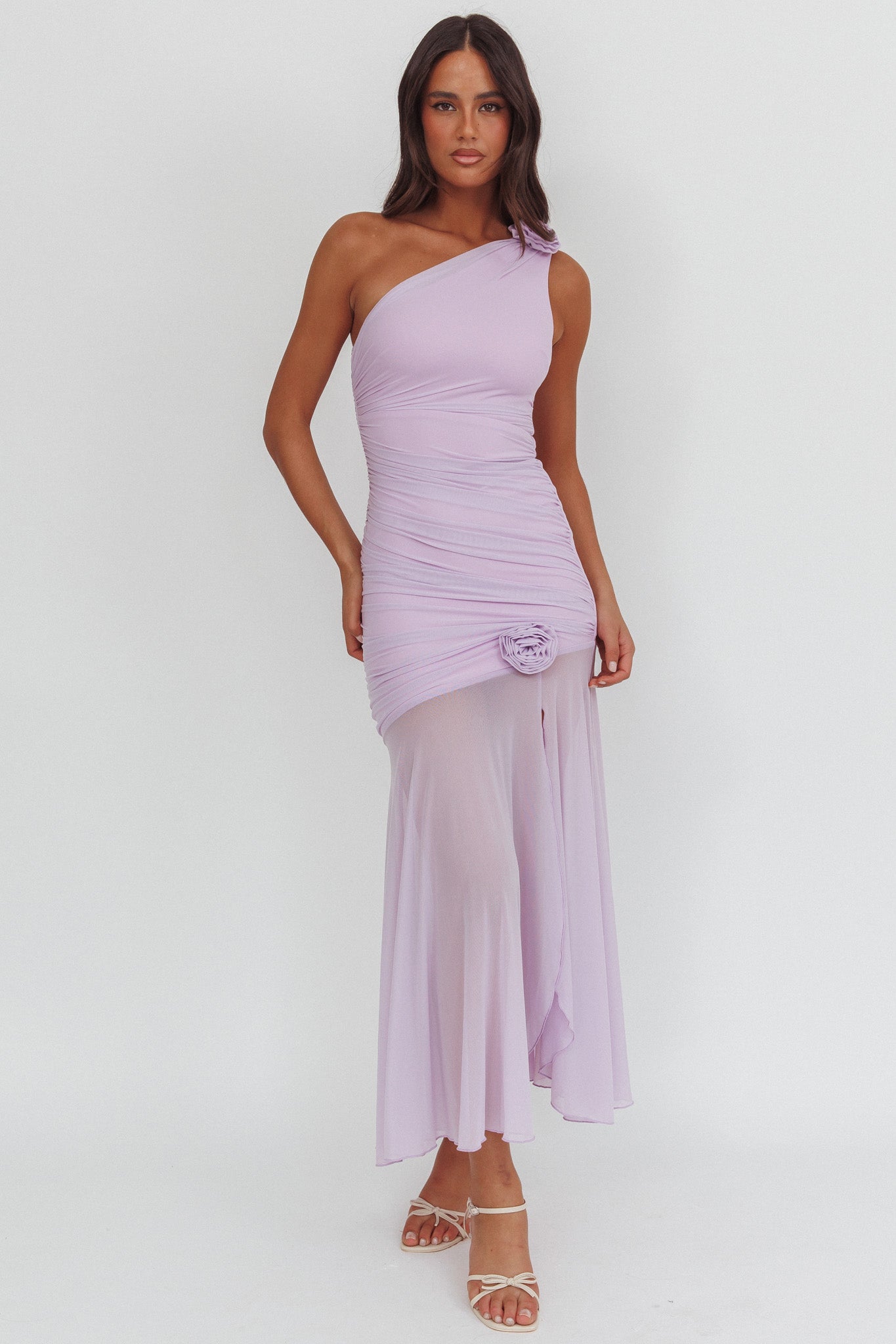 Lost Love One-Shoulder Sheer Hem Maxi Dress Lilac-Maymioy