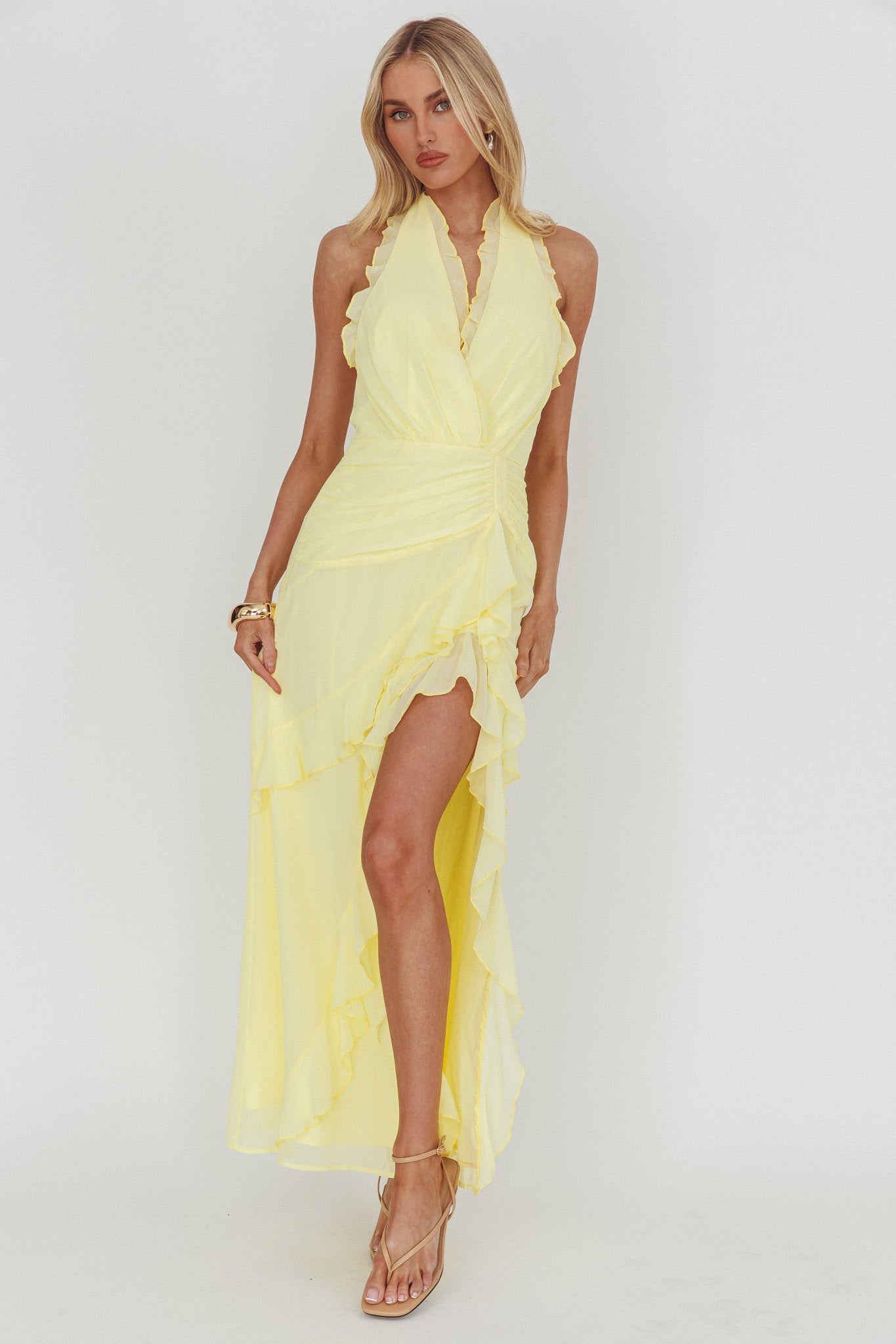 Enticing Halterneck Frill Maxi Dress Yellow-Maymioy