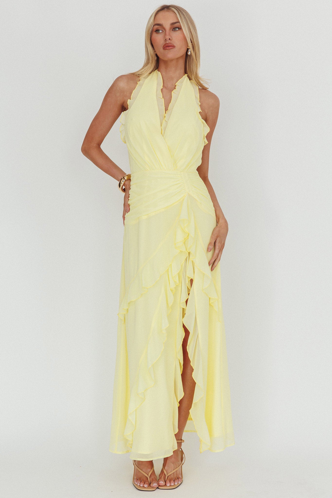 Enticing Halterneck Frill Maxi Dress Yellow-Maymioy