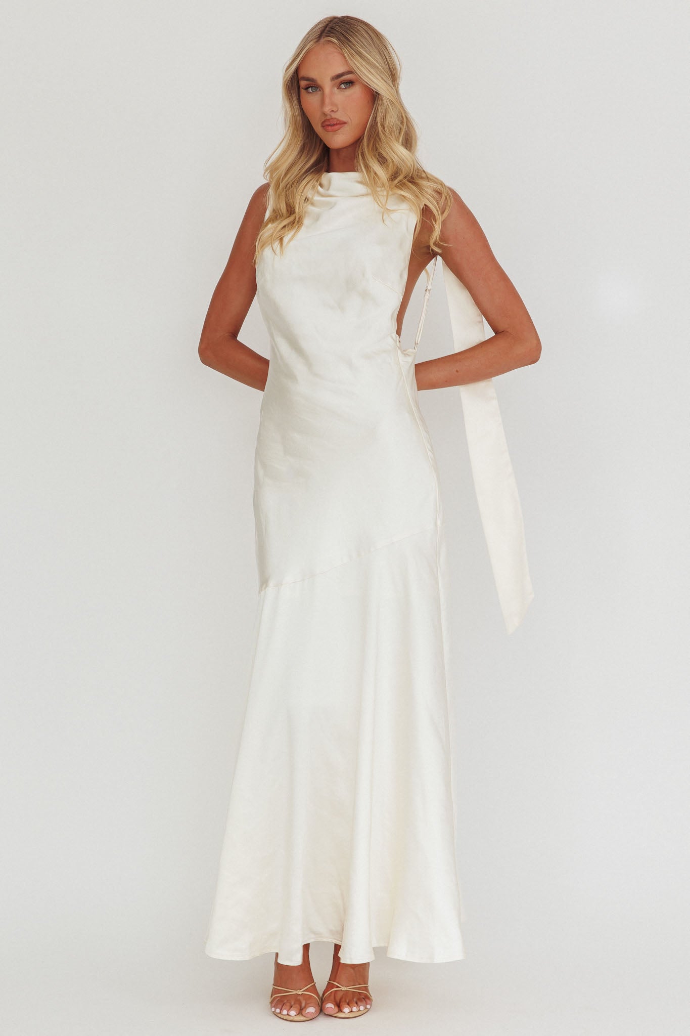 Second Glances Cowl Neck Backless Maxi Dress Cream-Maymioy