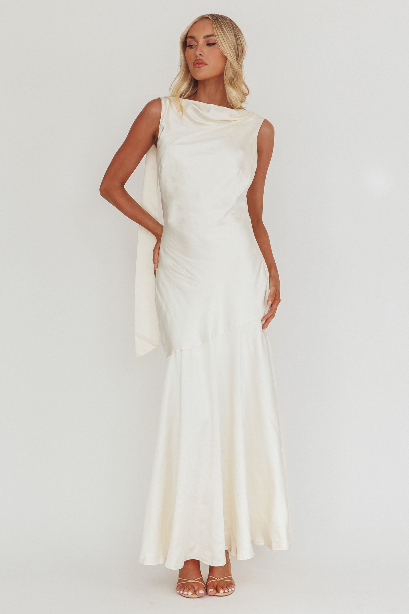 Second Glances Cowl Neck Backless Maxi Dress Cream-Maymioy