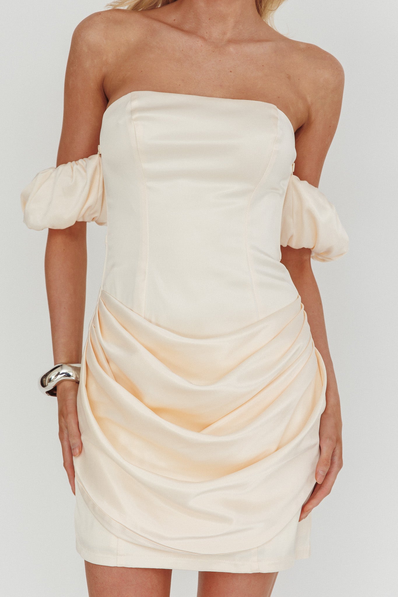 Everly Off-Shoulder Drape Mini Dress Cream-Maymioy