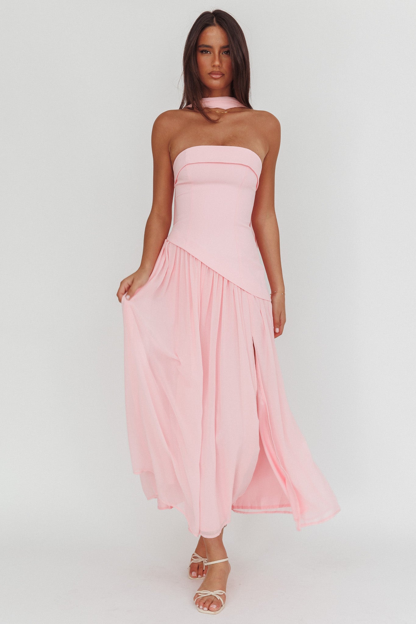 Mariabella Asymmetric Bodice Maxi Dress Pink-Maymioy