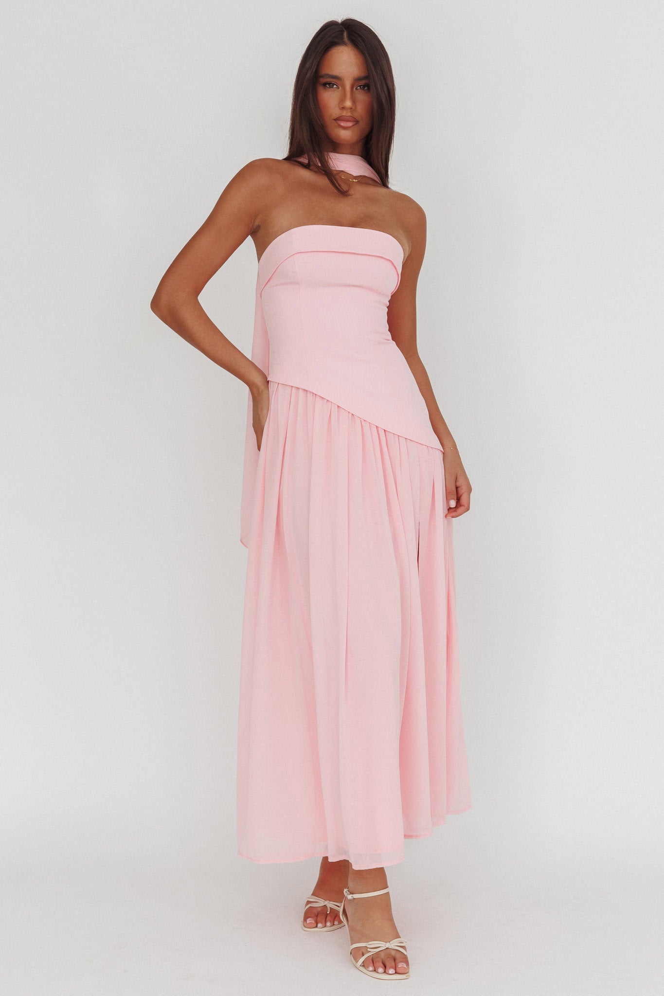 Mariabella Asymmetric Bodice Maxi Dress Pink-Maymioy