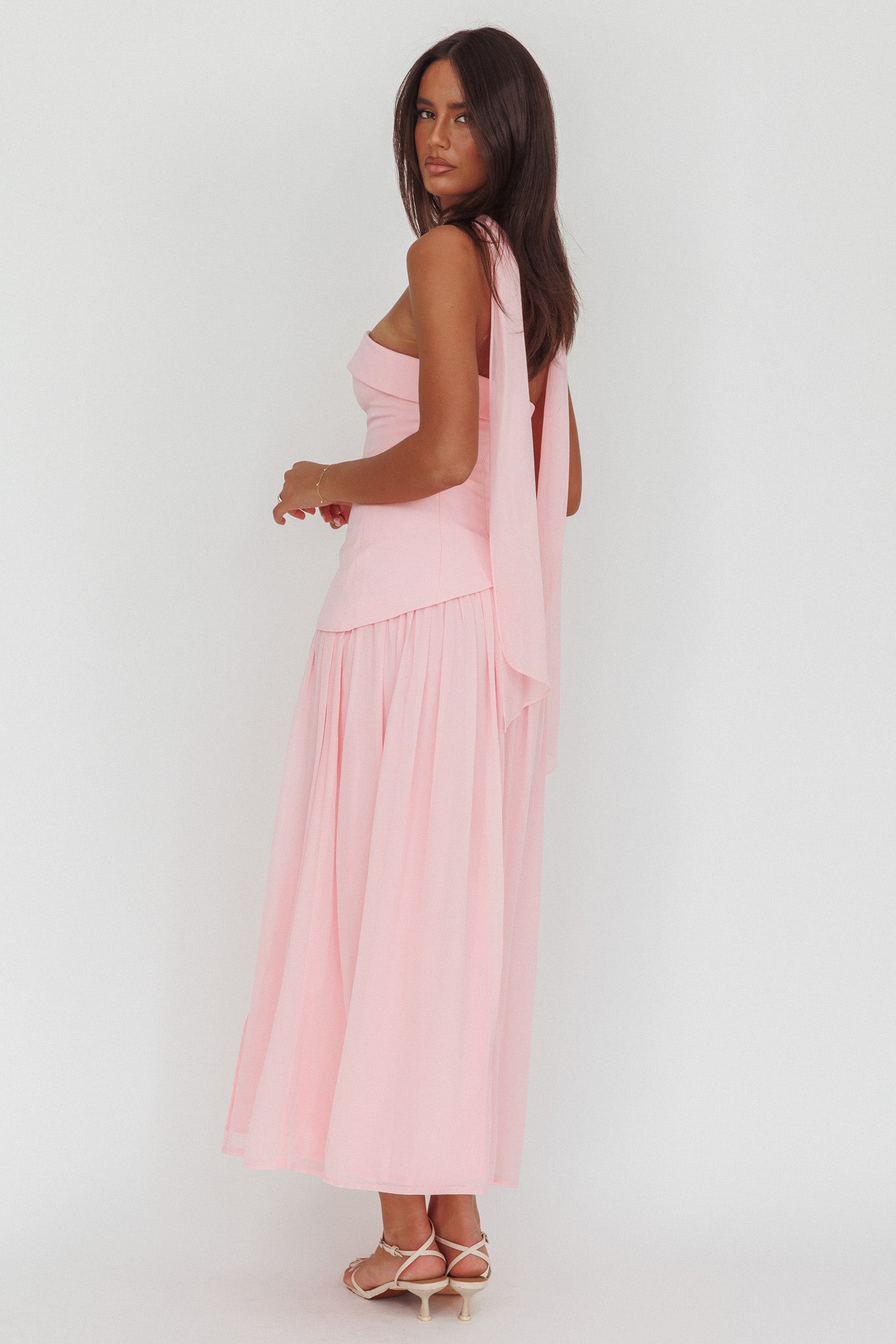 Mariabella Asymmetric Bodice Maxi Dress Pink-Maymioy