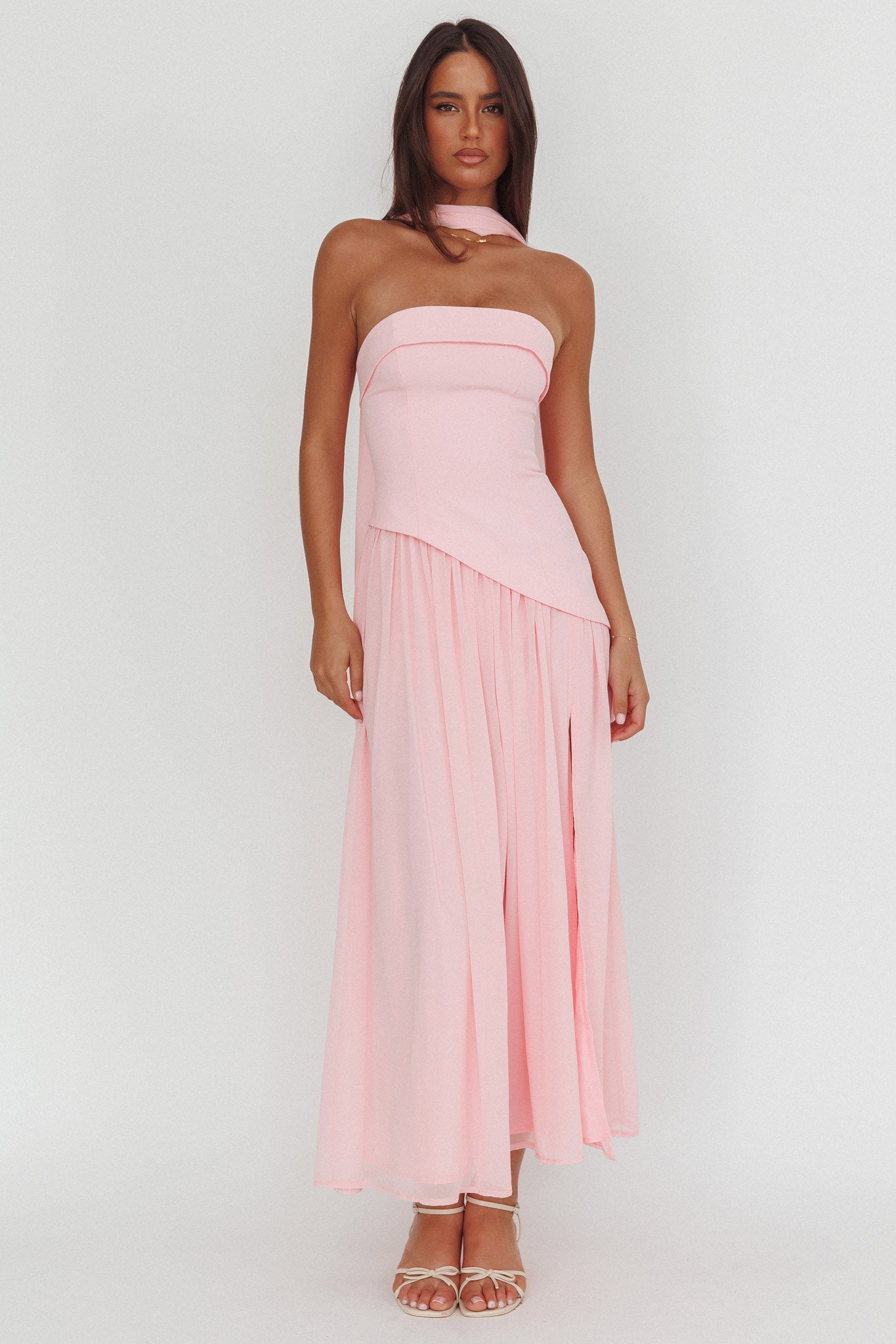 Mariabella Asymmetric Bodice Maxi Dress Pink-Maymioy
