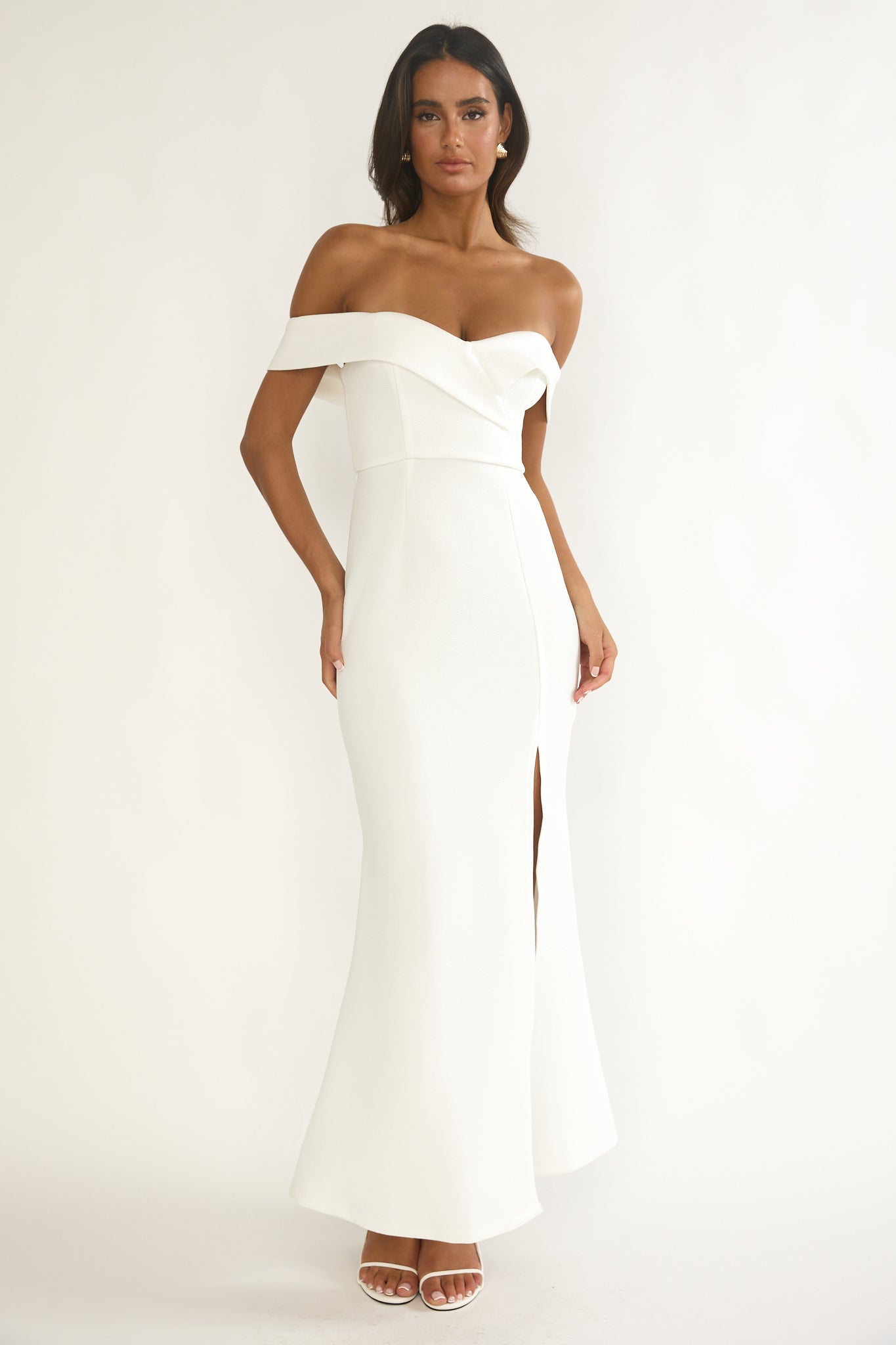 Rider Off-Shoulder Front Split Maxi Dress White-Maymioy