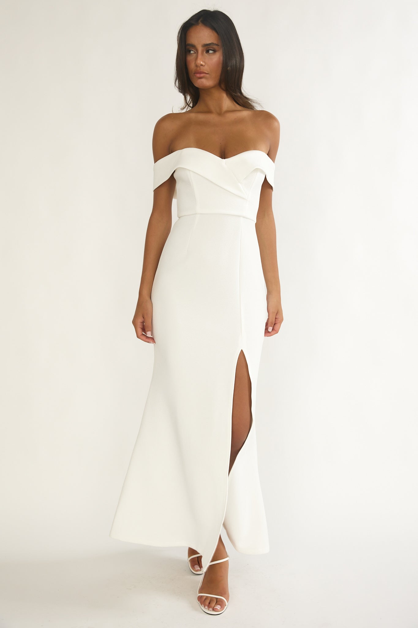 Rider Off-Shoulder Front Split Maxi Dress White-Maymioy