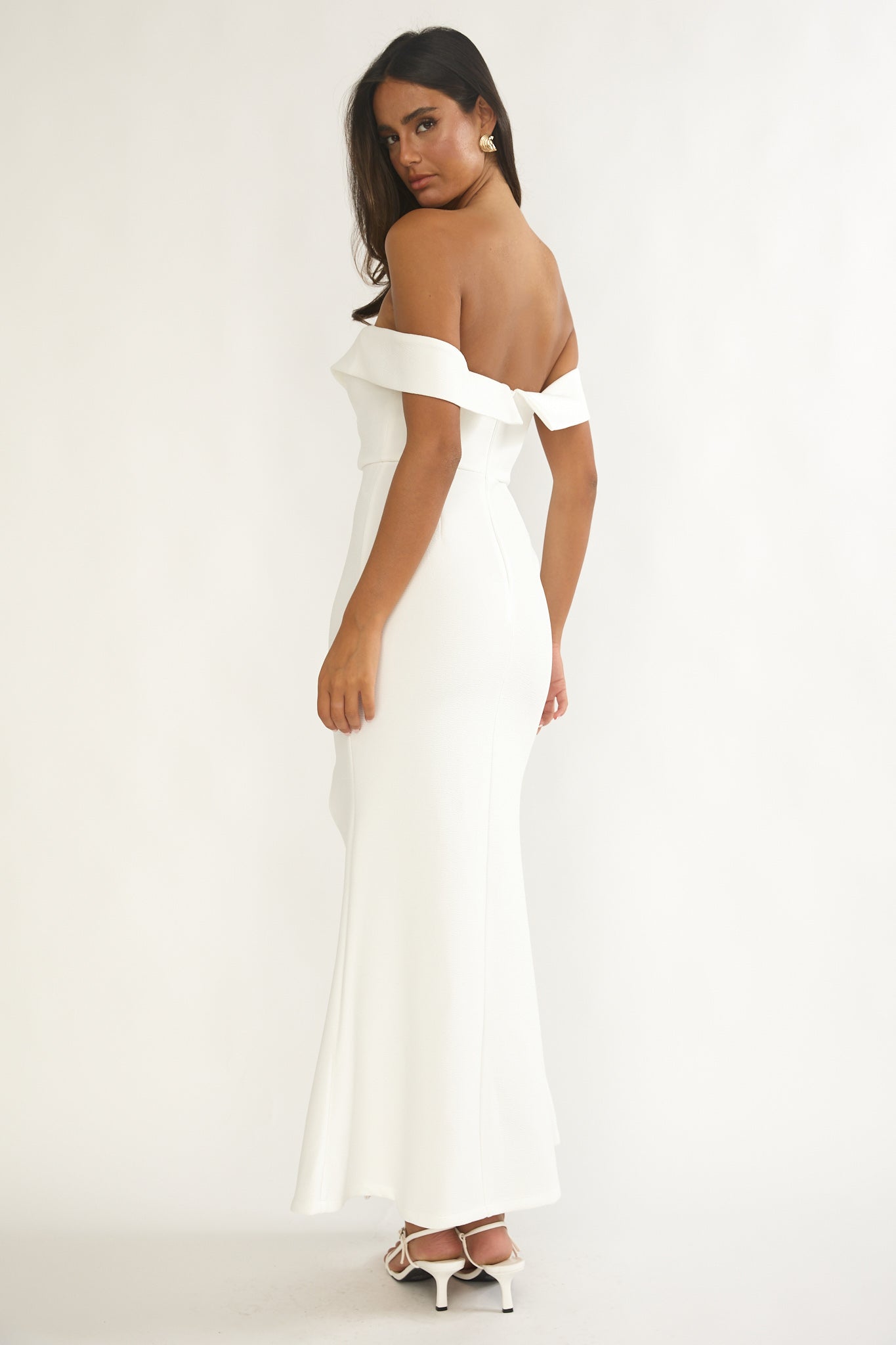 Rider Off-Shoulder Front Split Maxi Dress White-Maymioy