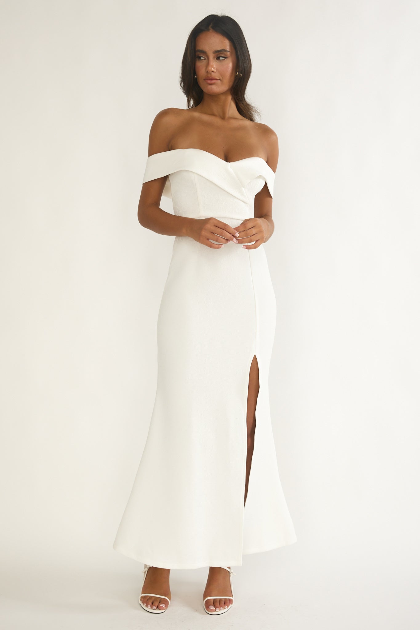 Rider Off-Shoulder Front Split Maxi Dress White-Maymioy