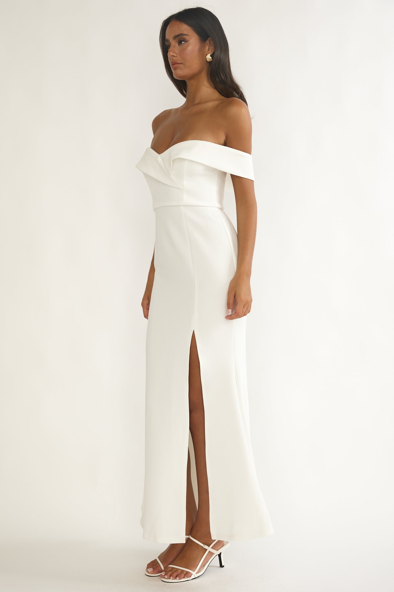 Rider Off-Shoulder Front Split Maxi Dress White-Maymioy