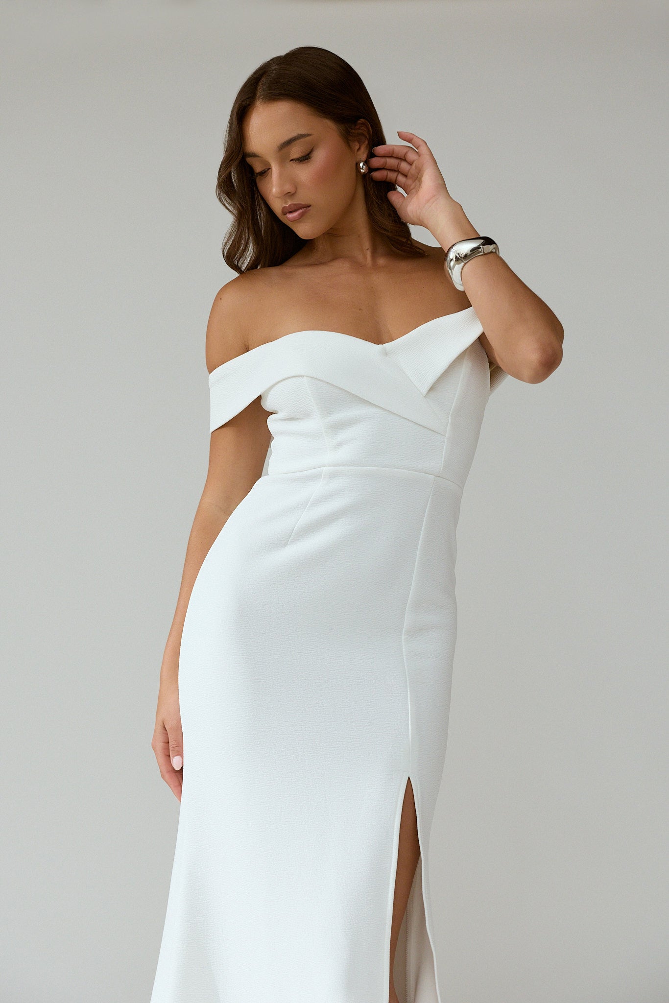 Rider Off-Shoulder Front Split Maxi Dress White-Maymioy
