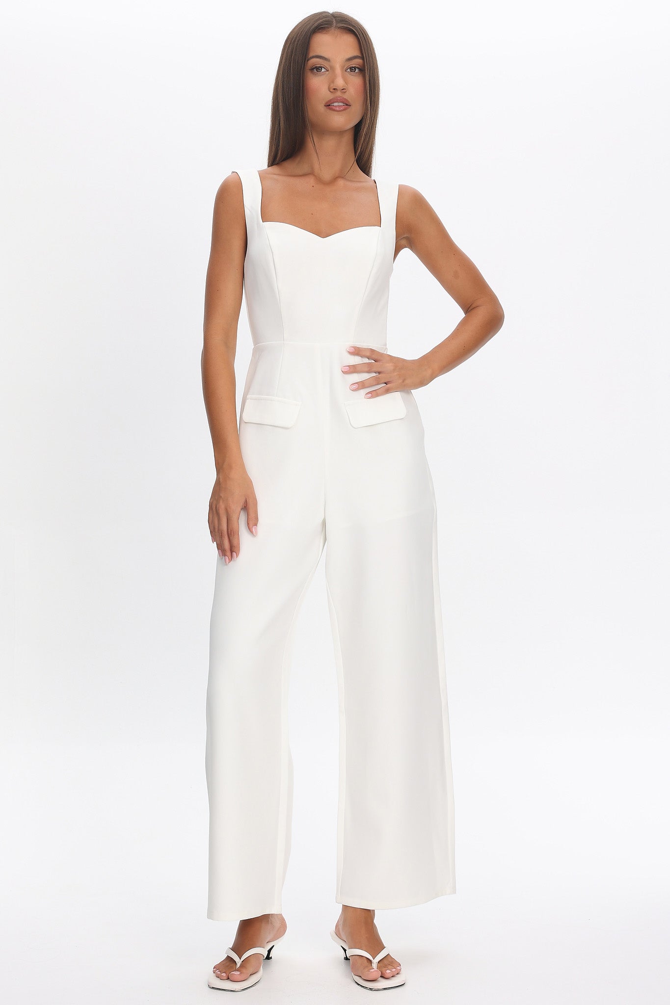 Atheena Faux Pocket Jumpsuit White-Maymioy