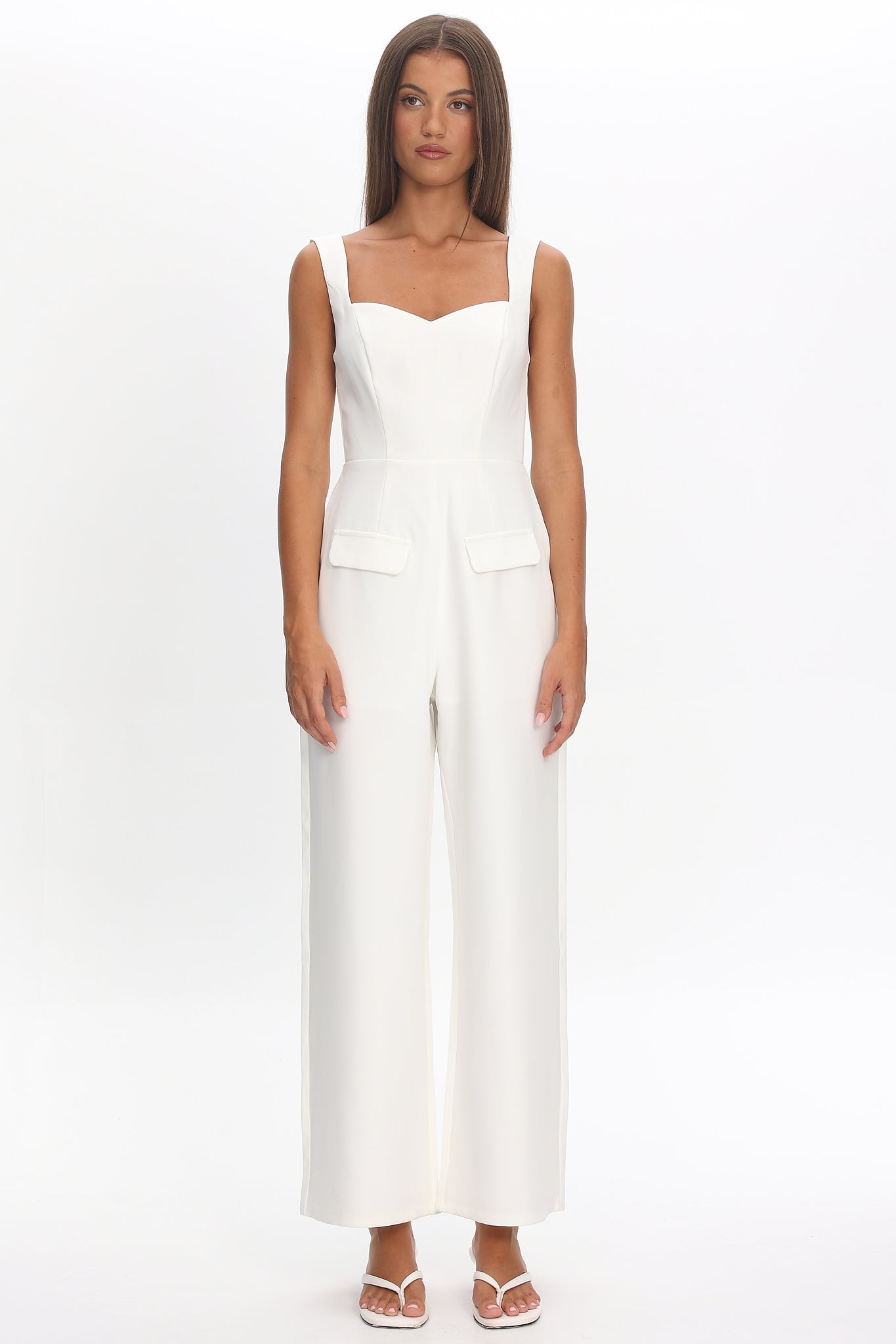 Atheena Faux Pocket Jumpsuit White-Maymioy