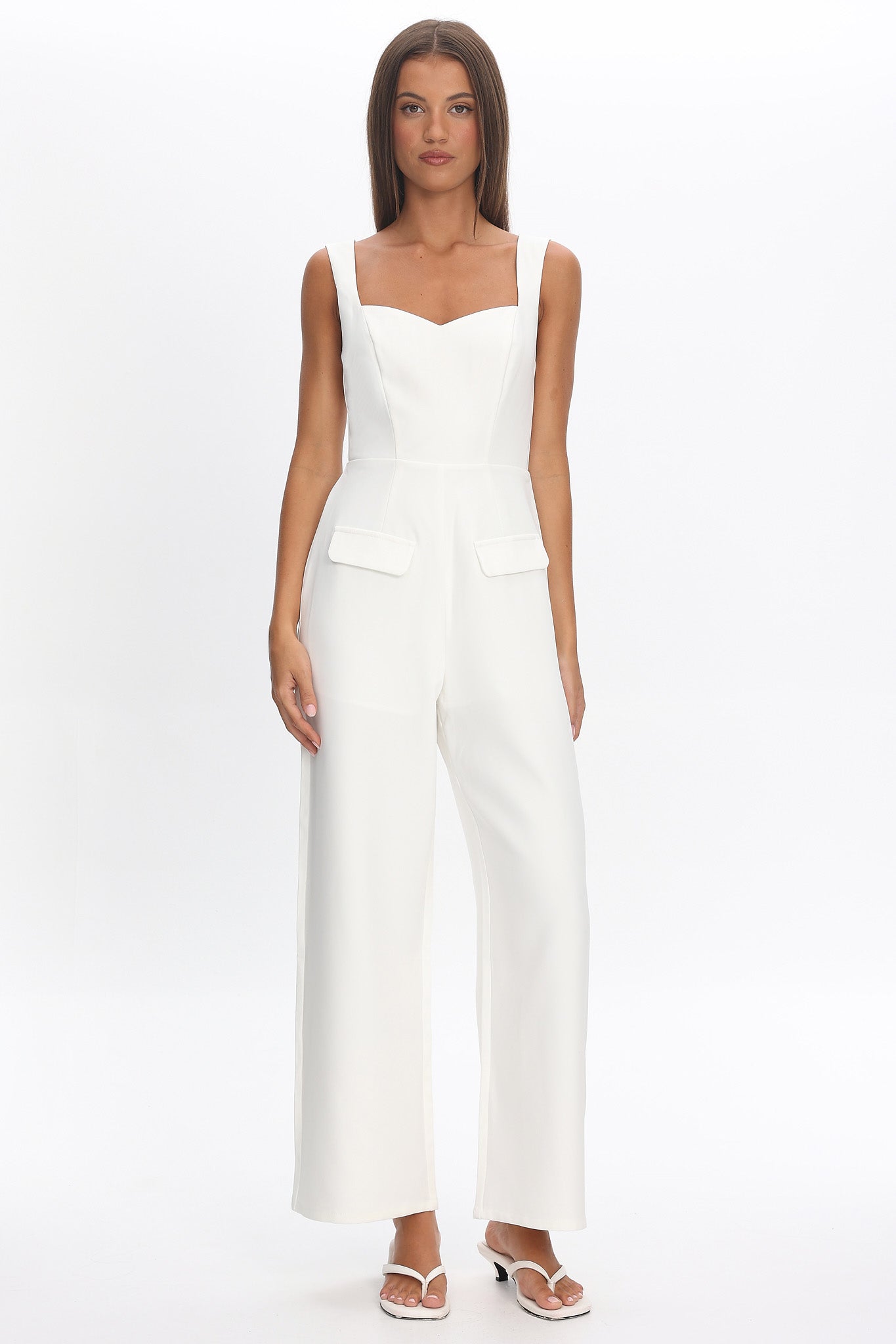 Atheena Faux Pocket Jumpsuit White-Maymioy