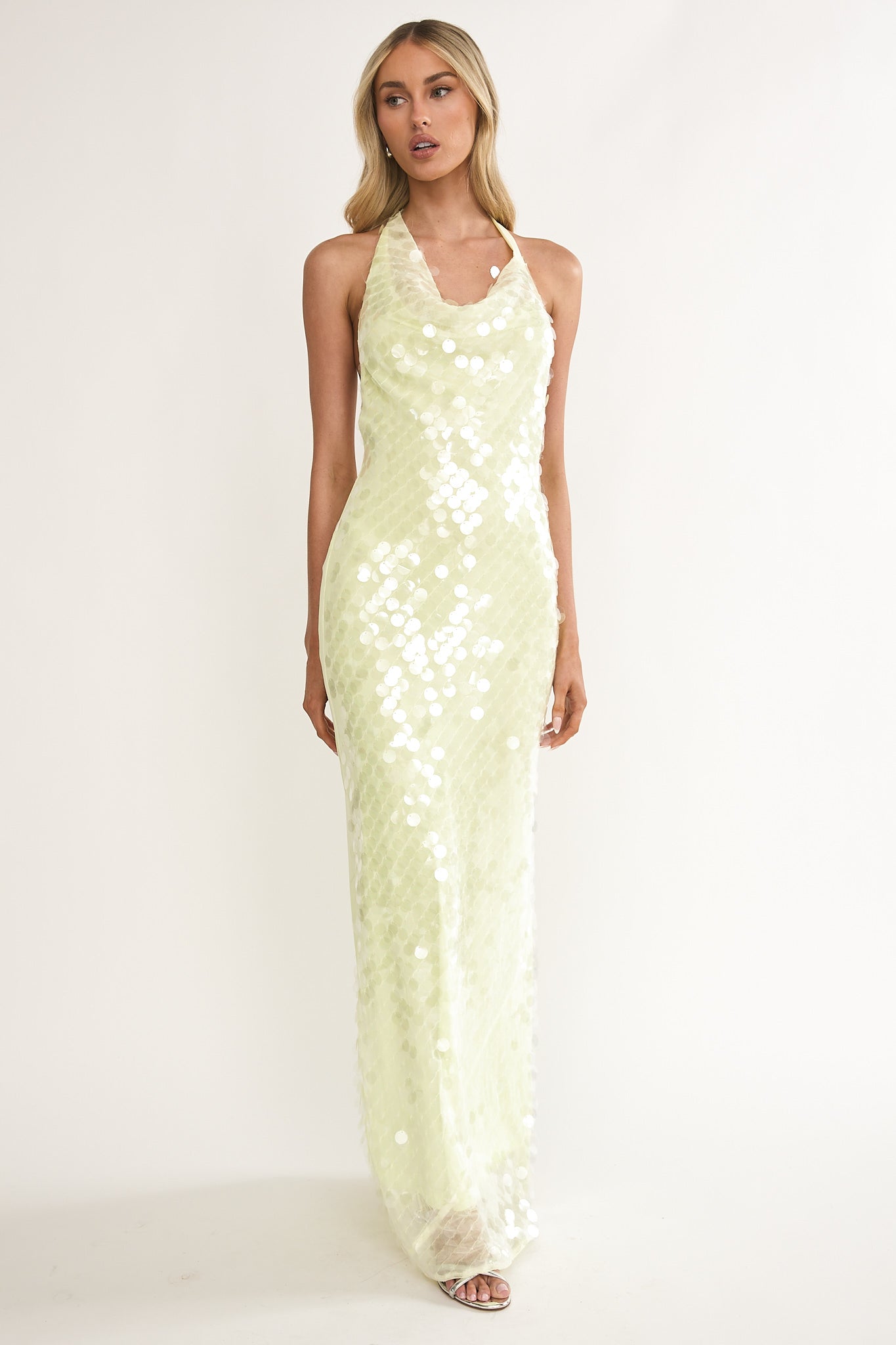 Kirralee Asymmetric Halterneck Sequin Maxi Dress Butter-Maymioy