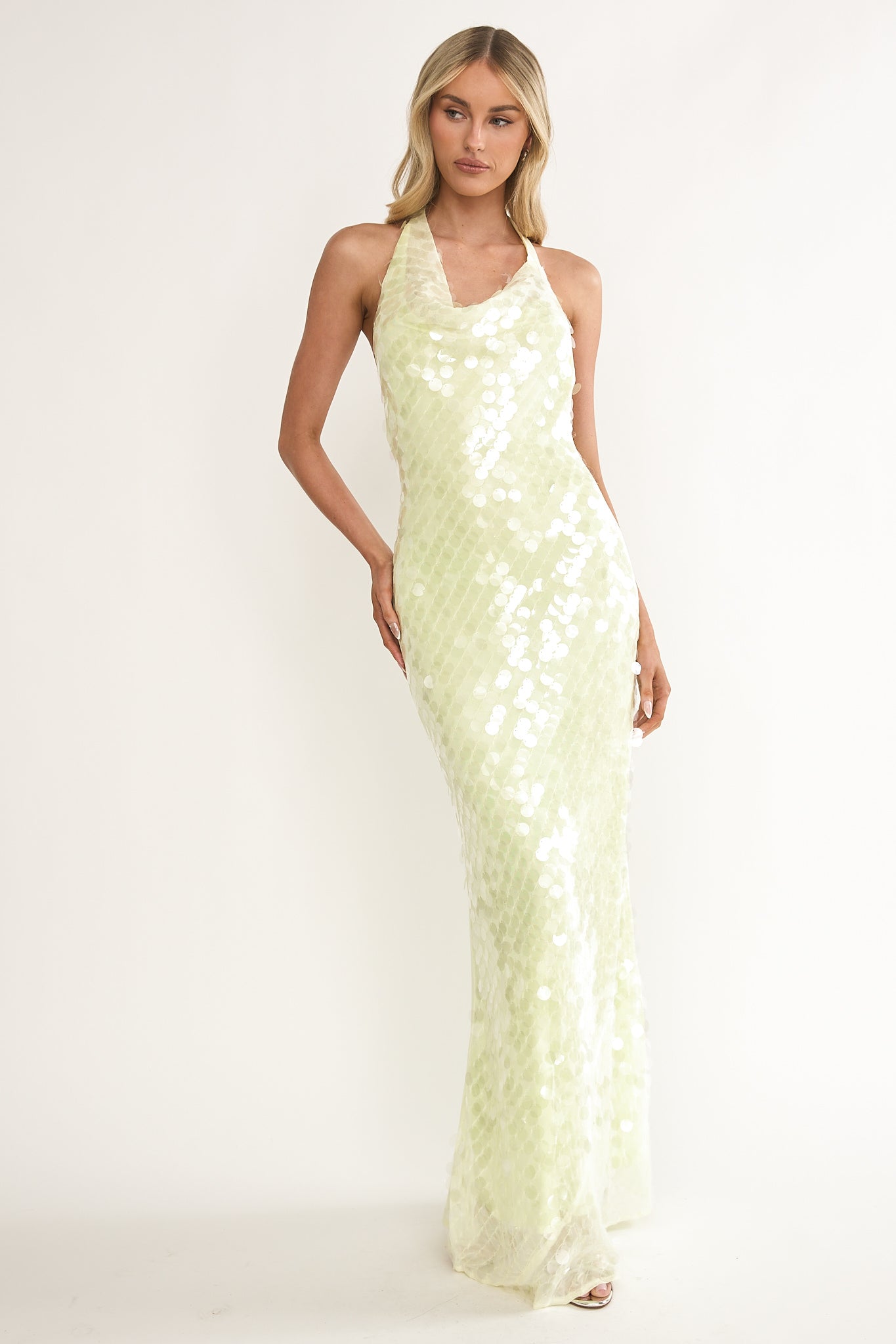 Kirralee Asymmetric Halterneck Sequin Maxi Dress Butter-Maymioy