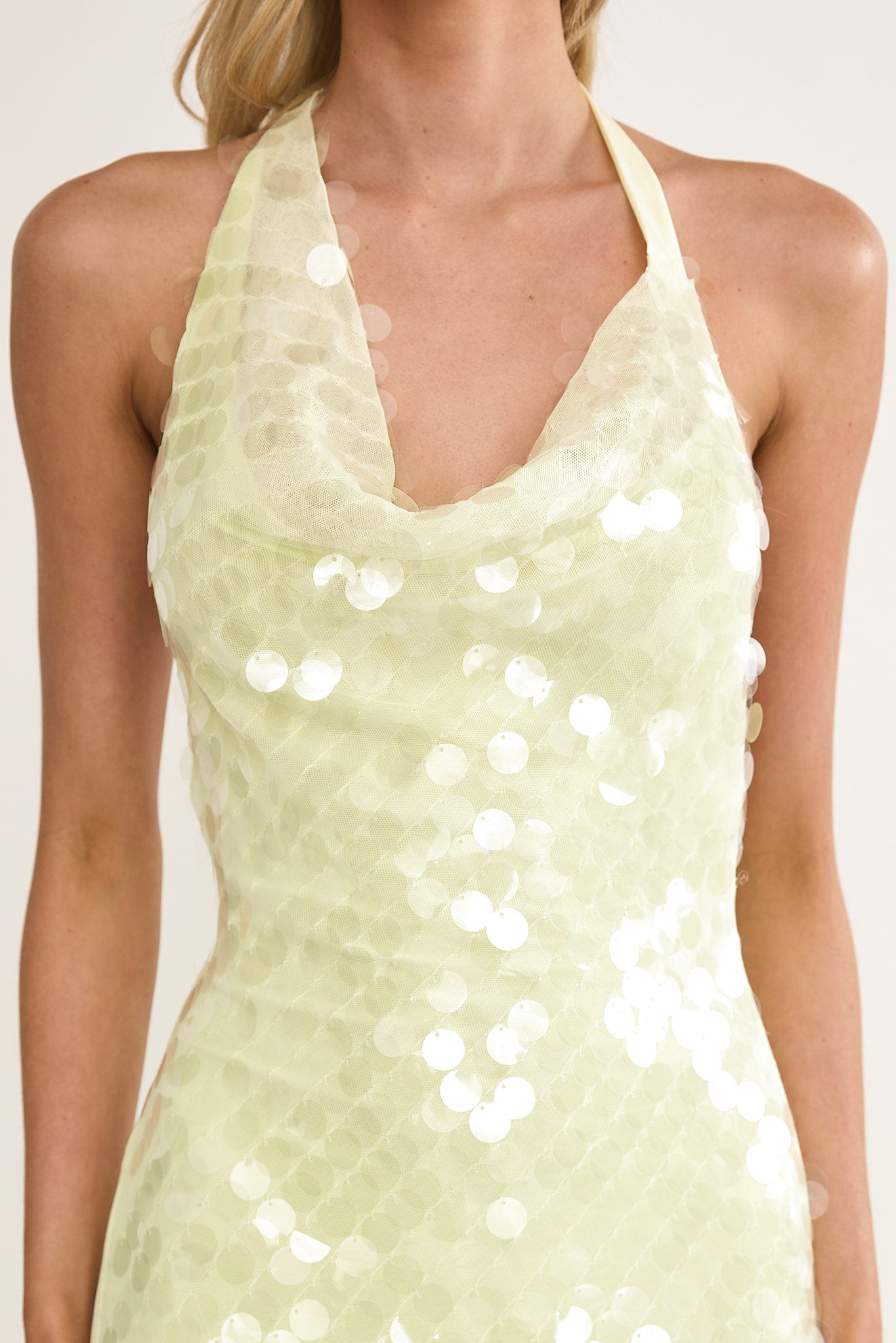 Kirralee Asymmetric Halterneck Sequin Maxi Dress Butter-Maymioy