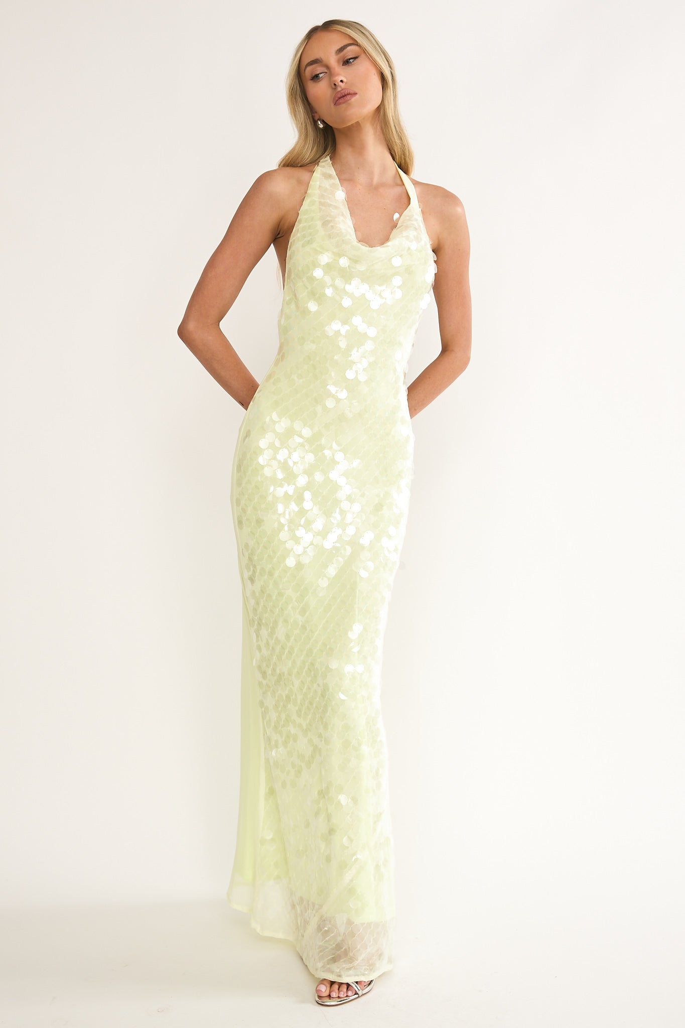 Kirralee Asymmetric Halterneck Sequin Maxi Dress Butter-Maymioy