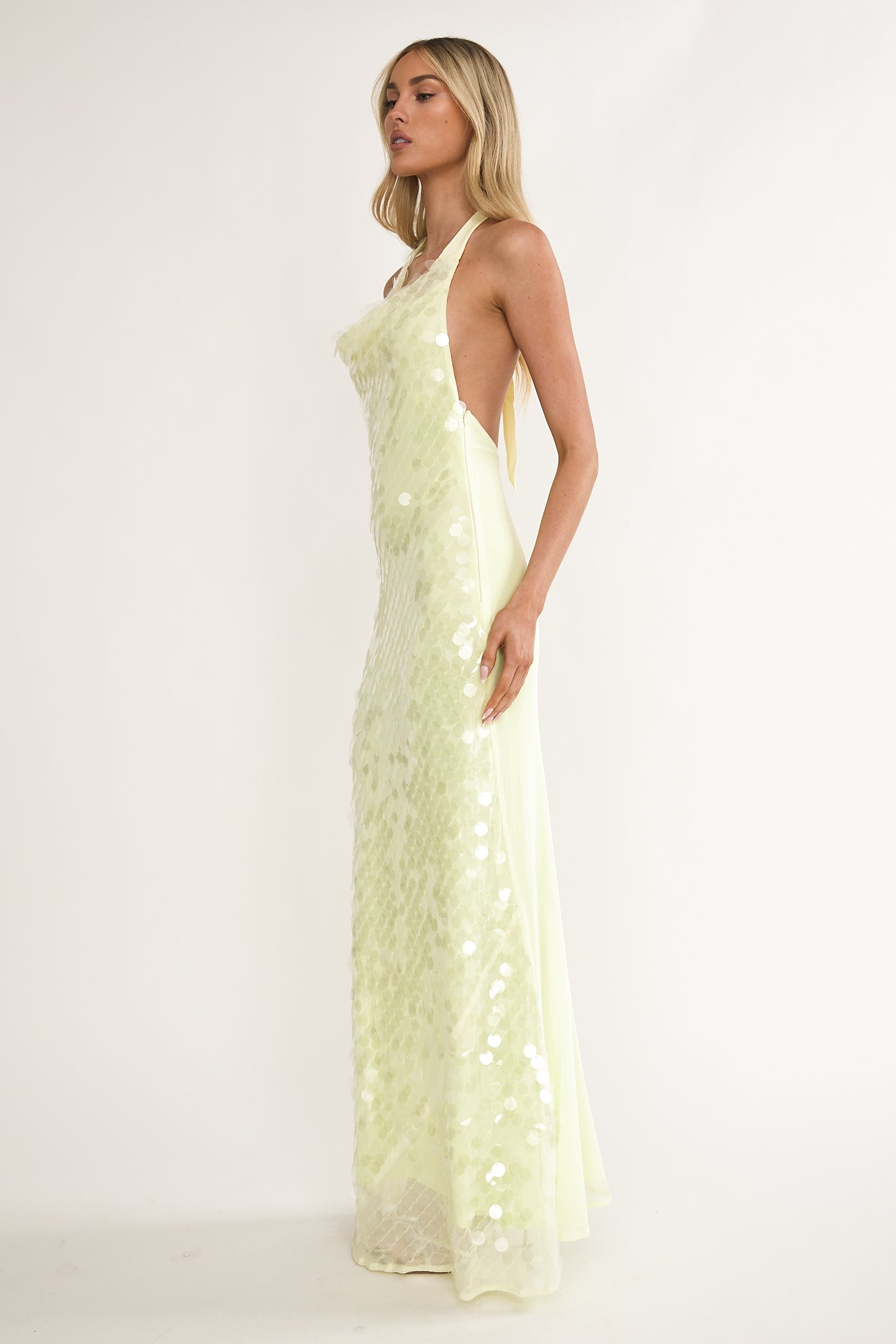 Kirralee Asymmetric Halterneck Sequin Maxi Dress Butter-Maymioy