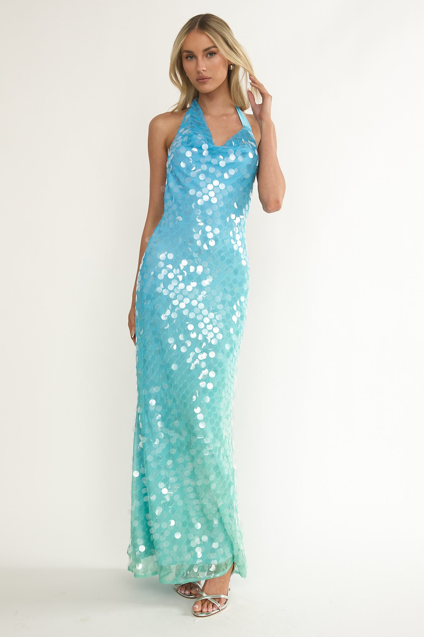 Kirralee Asymmetric Halterneck Sequin Maxi Dress Blue Multi-Maymioy