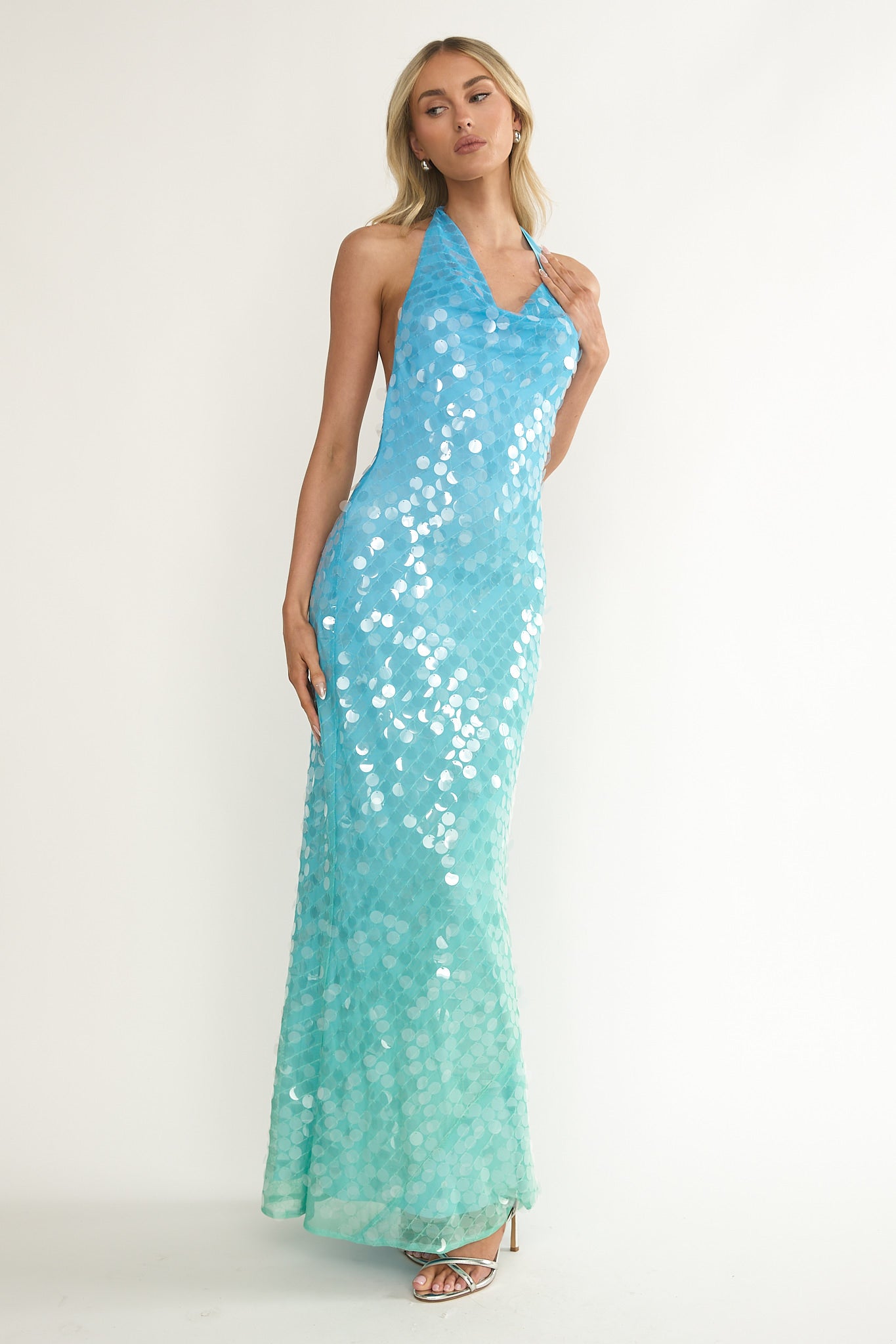 Kirralee Asymmetric Halterneck Sequin Maxi Dress Blue Multi-Maymioy