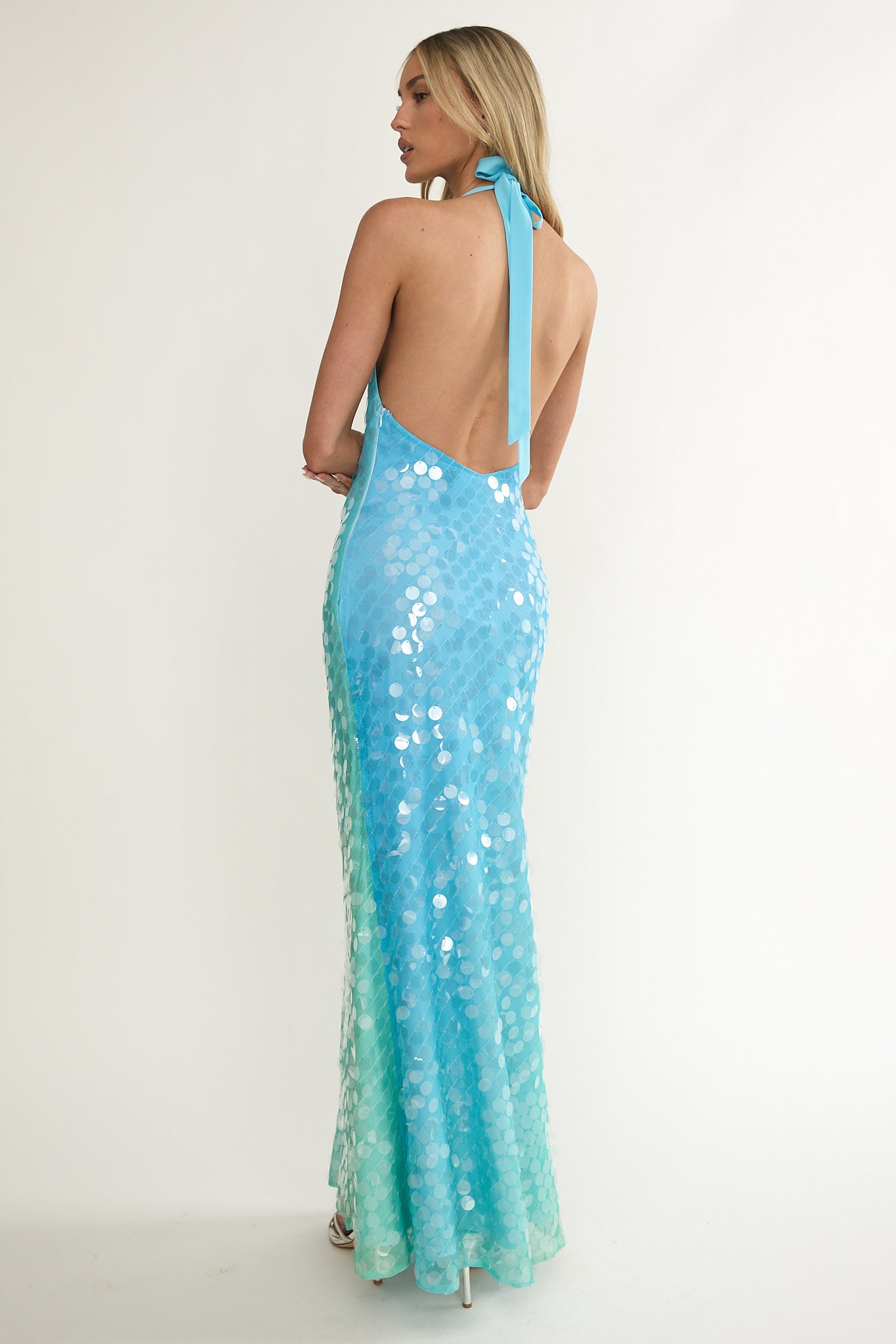Kirralee Asymmetric Halterneck Sequin Maxi Dress Blue Multi-Maymioy
