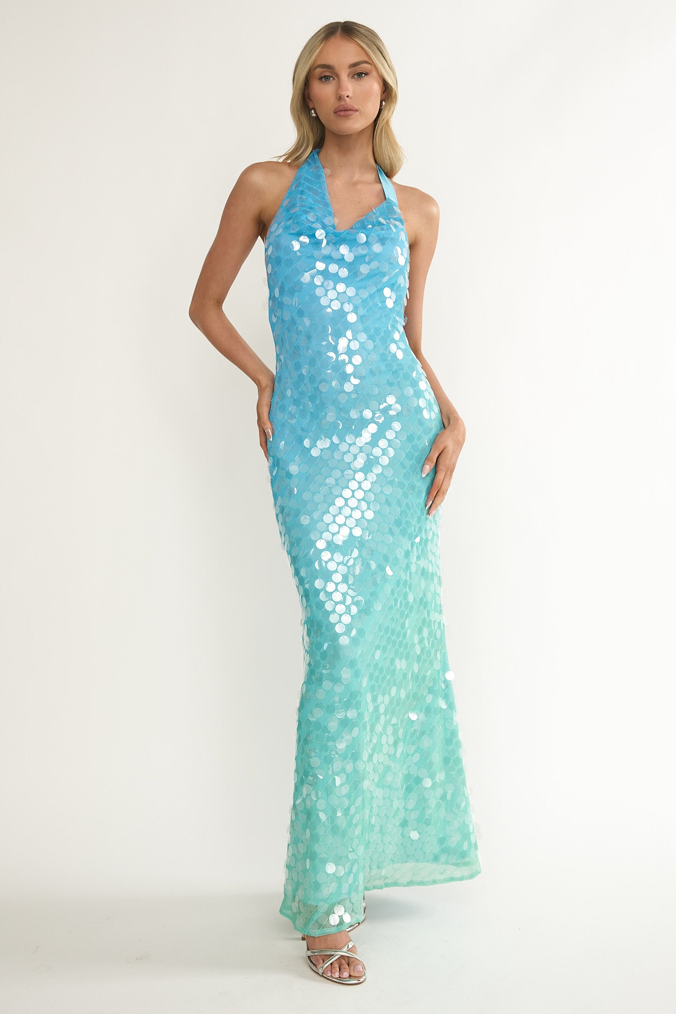 Kirralee Asymmetric Halterneck Sequin Maxi Dress Blue Multi-Maymioy