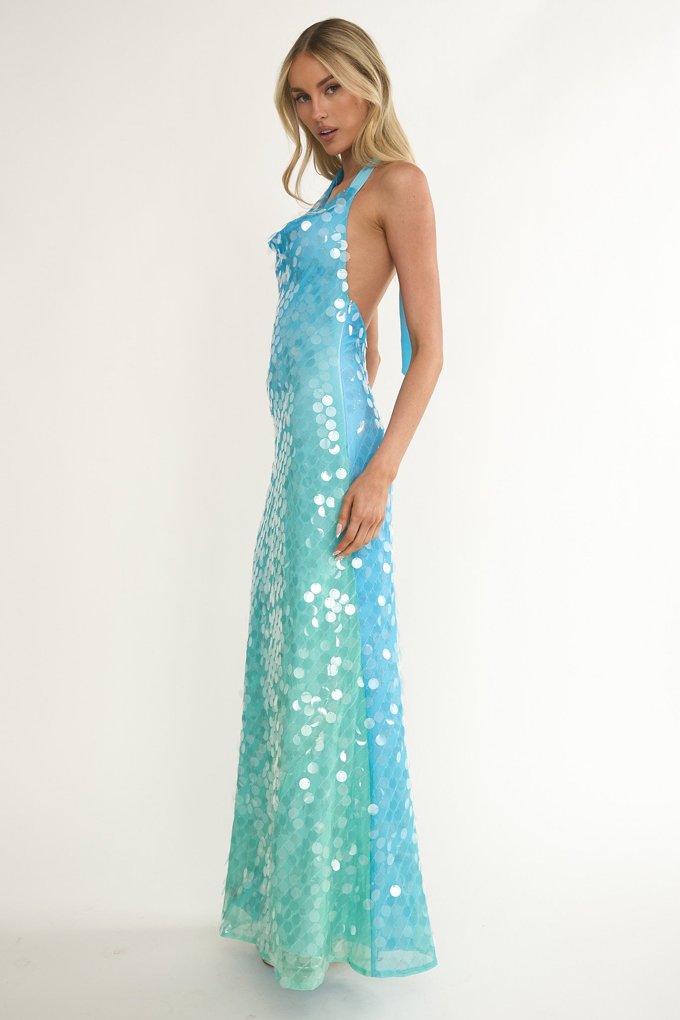 Kirralee Asymmetric Halterneck Sequin Maxi Dress Blue Multi-Maymioy