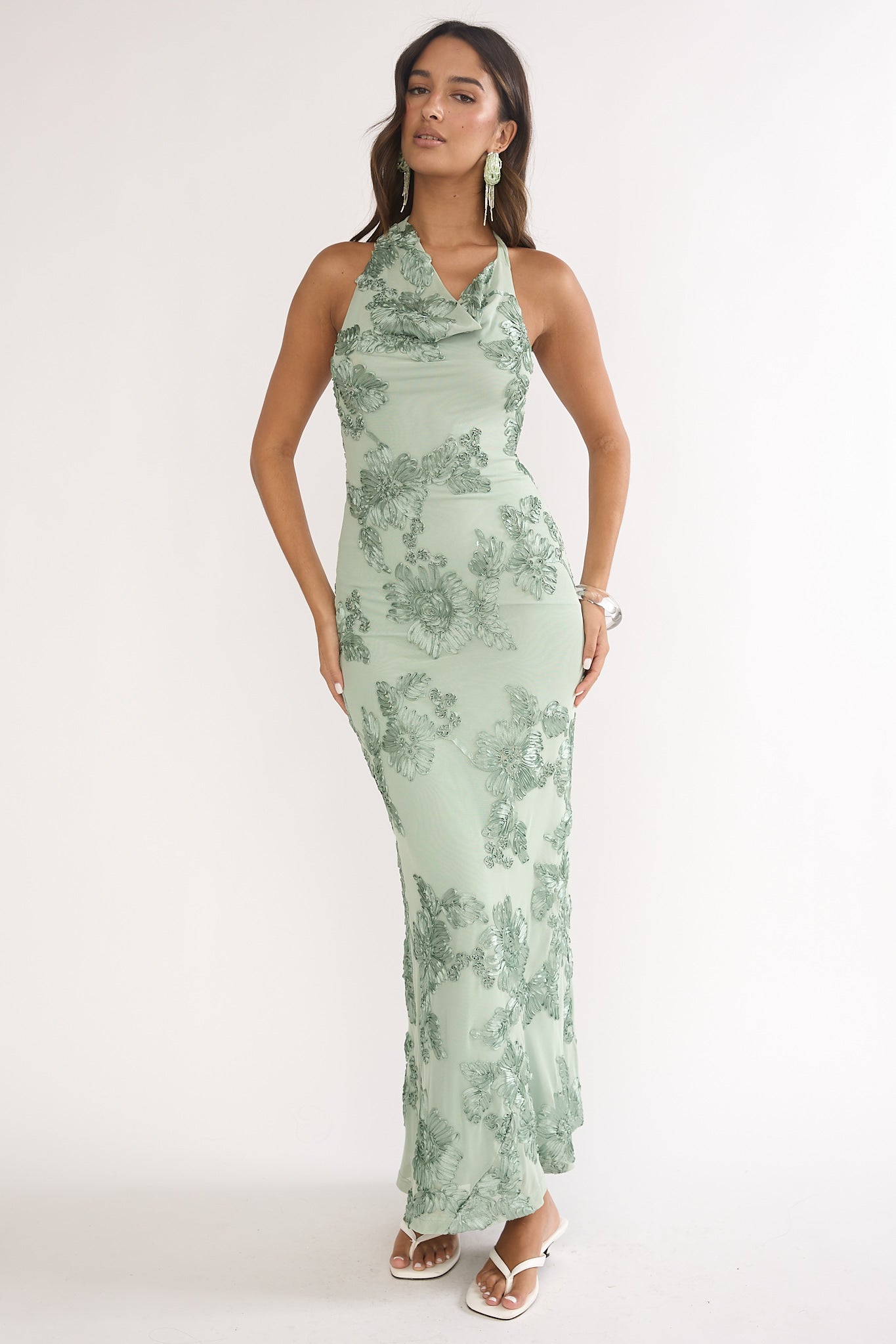Kirralee Asymmetric Halterneck Embellished Maxi Dress Aqua Green-Maymioy